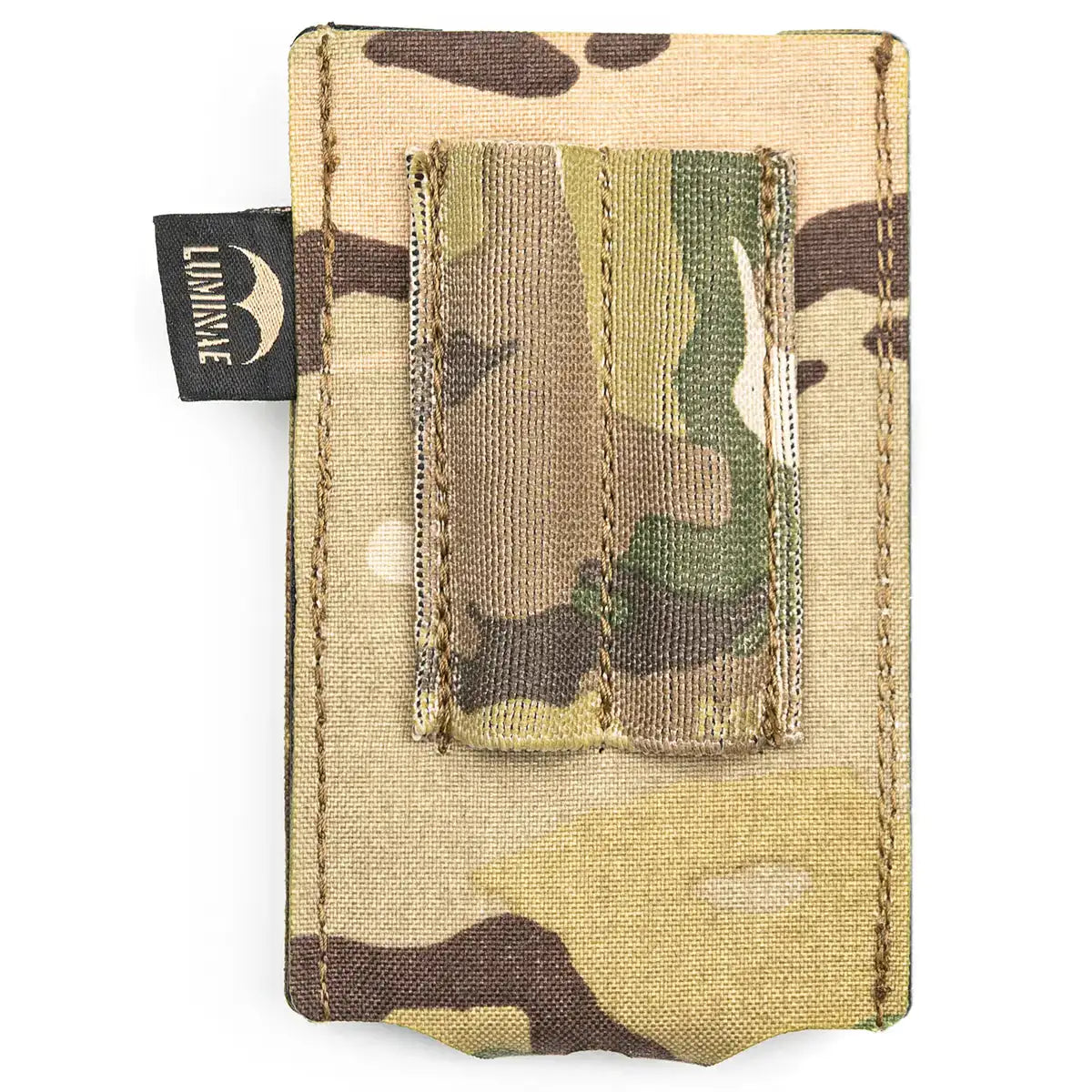 Back view of camouflage Luminae Compass Pouch with a Velcro pocket and black logo tag, designed for secure compass storage, SKU: JB1358