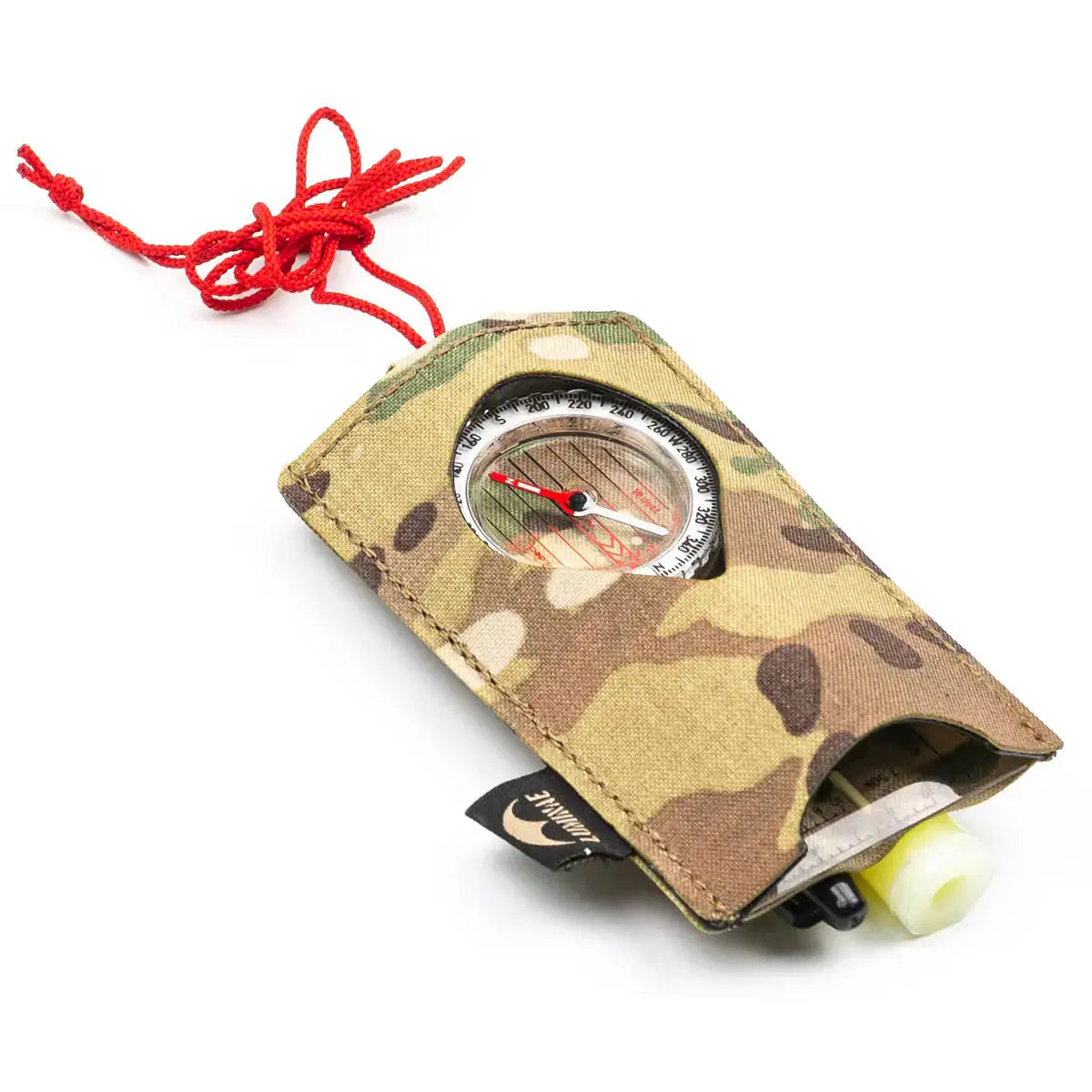 Camouflage Luminae Compass Pouch with red cord for securing, featuring a built-in compass and pen holder for outdoor navigation