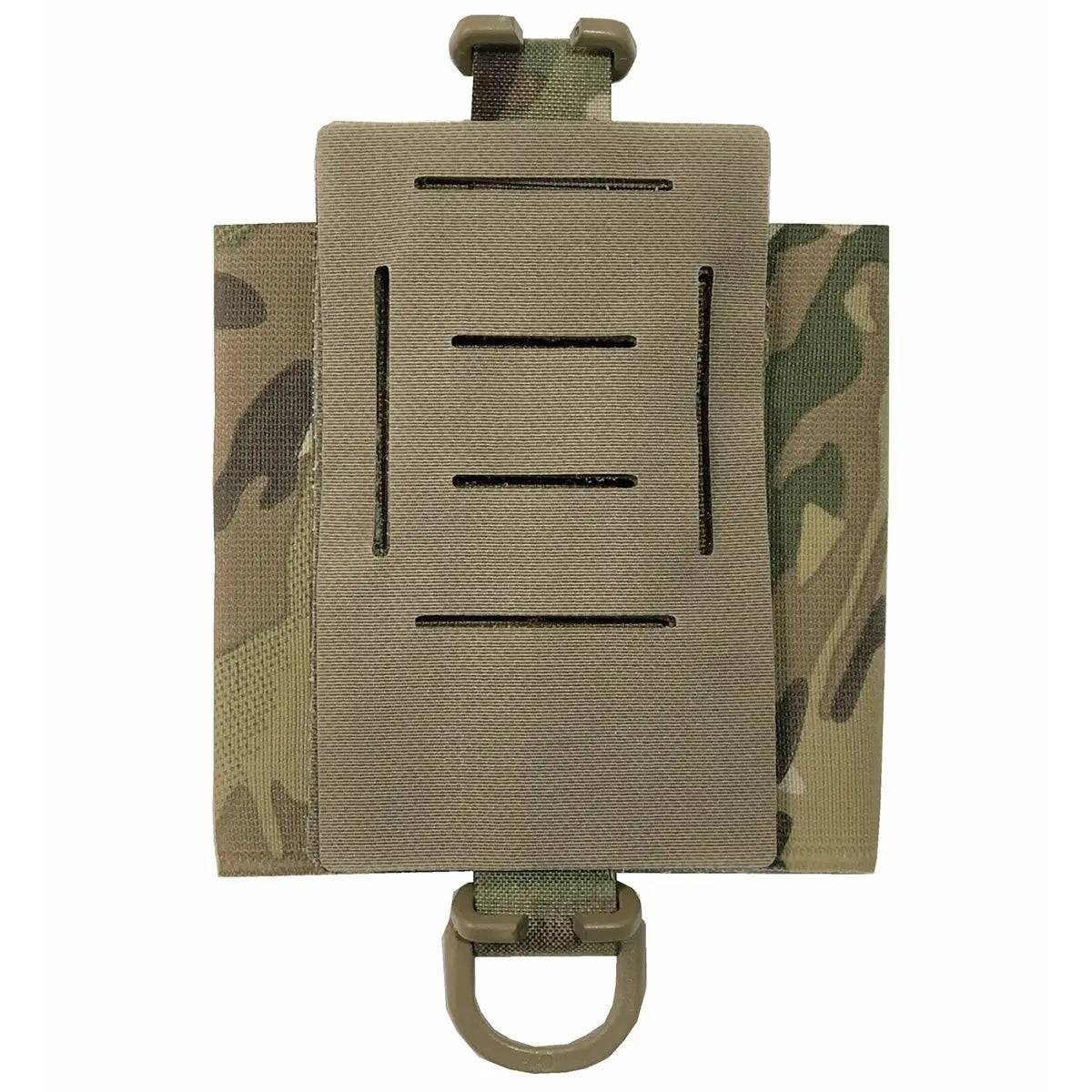 Back view of the Luminae Compass Pouch Multicam featuring MOLLE-compatible slots for secure attachment to tactical gear and backpacks.
