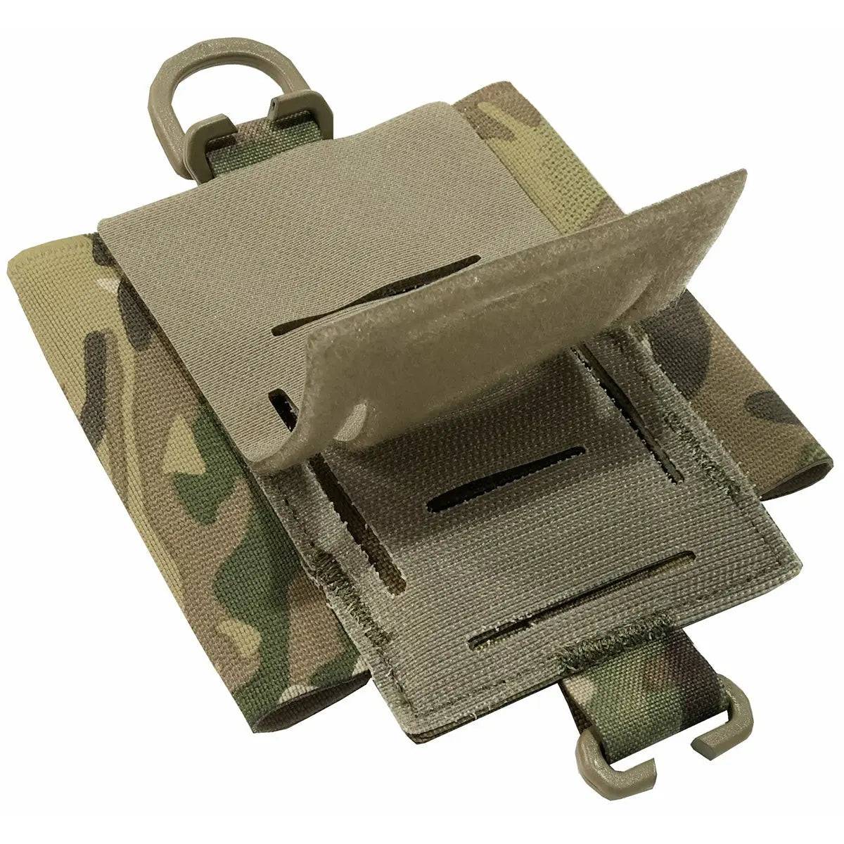 Close-up of the Luminae Compass Pouch Multicam with an open flap, highlighting its MOLLE attachment system and rugged Cordura construction.
