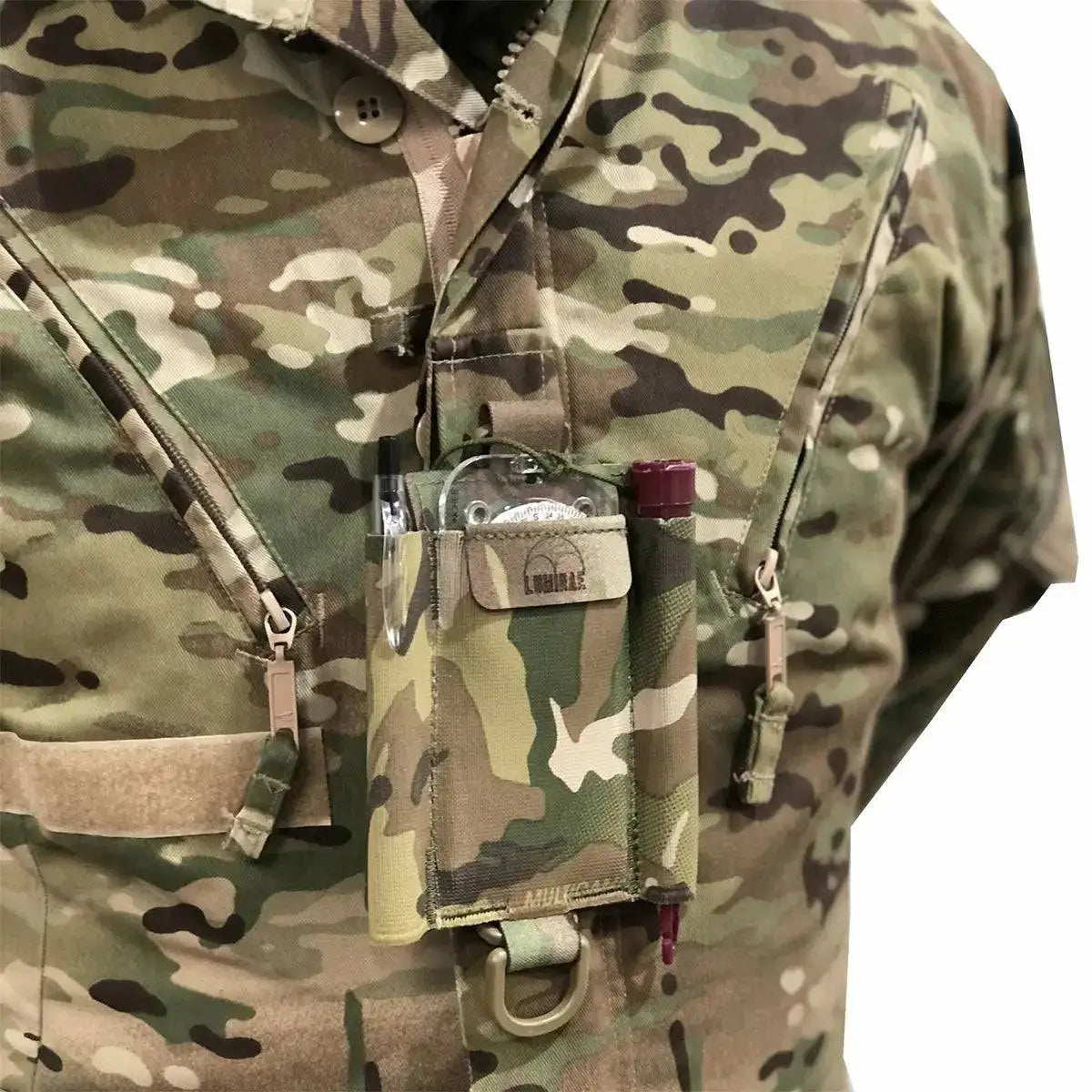Luminae Compass Pouch Multicam attached to a tactical uniform, demonstrating its practical and accessible design for military and outdoor use.  from  John Bull Clothing 