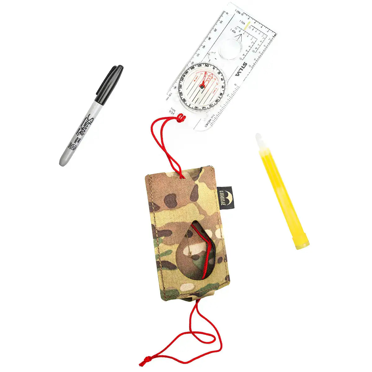 Multicam Luminae Compass Pouch with red cord, camouflage fabric, small zip pocket, designed for navigation tools, SKU: JB1358