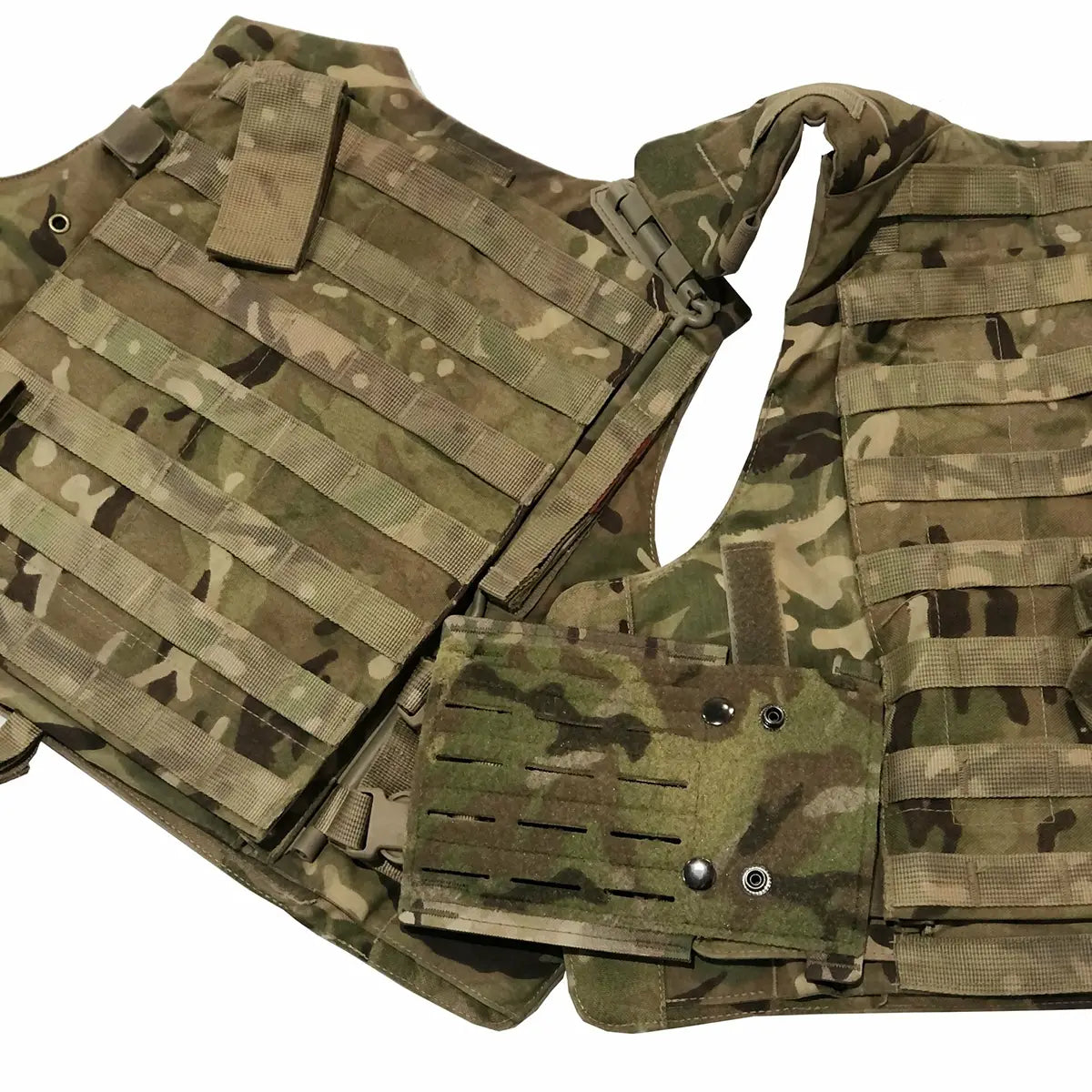Military camouflage tactical vest with MOLLE webbing for weapon accessories