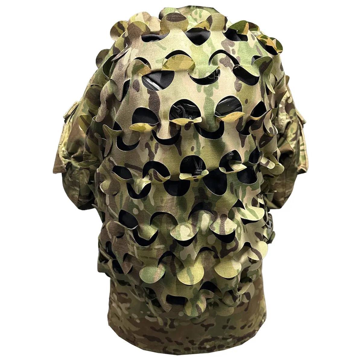 Luminae Daysack Scrim Cover MTP fitted on a backpack, providing camouflage and protection in tactical environments. Ideal for outdoor and military use.