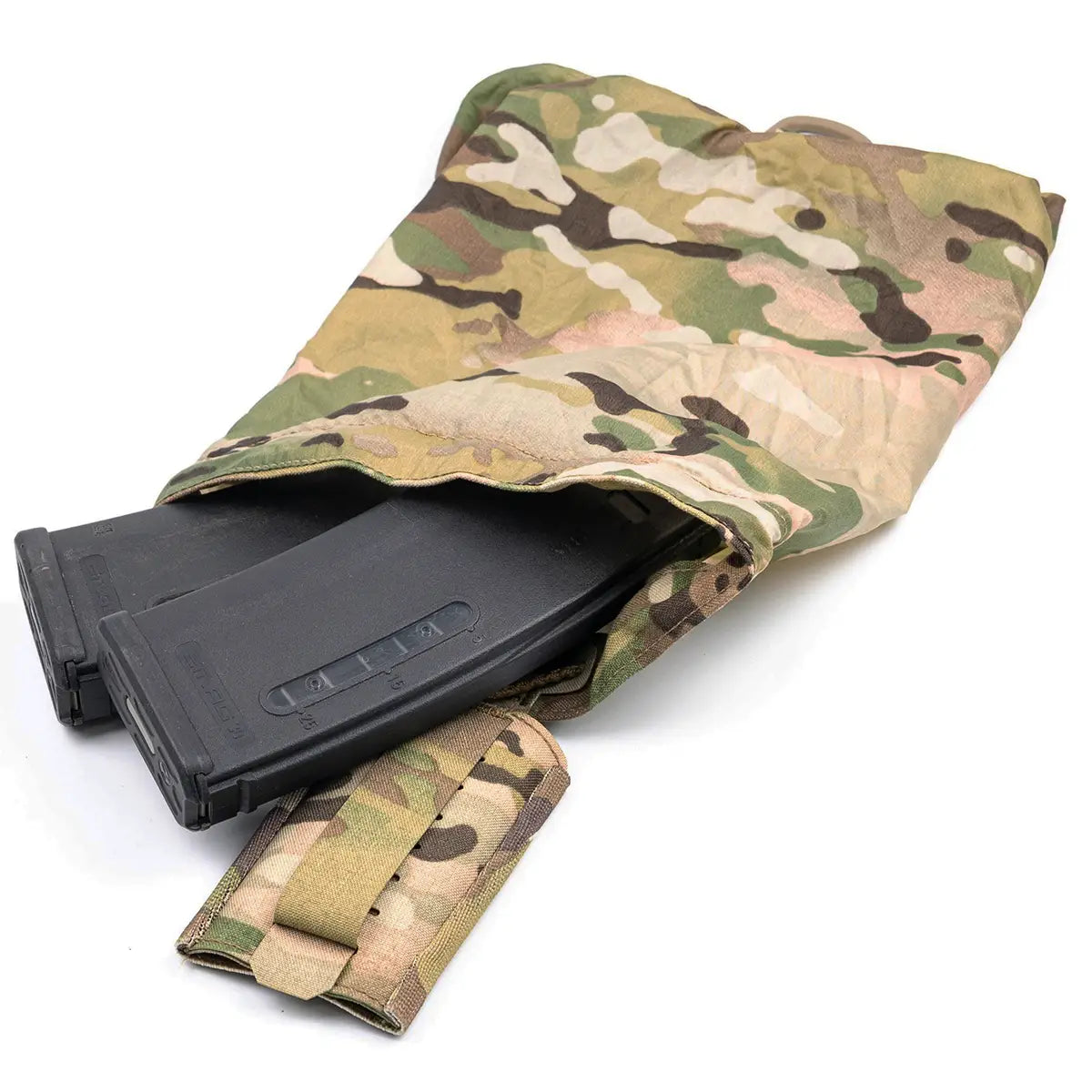 Camo magazine holder with adjustable strap and MOLLE attachment, designed for quick access to magazines during tactical operations.