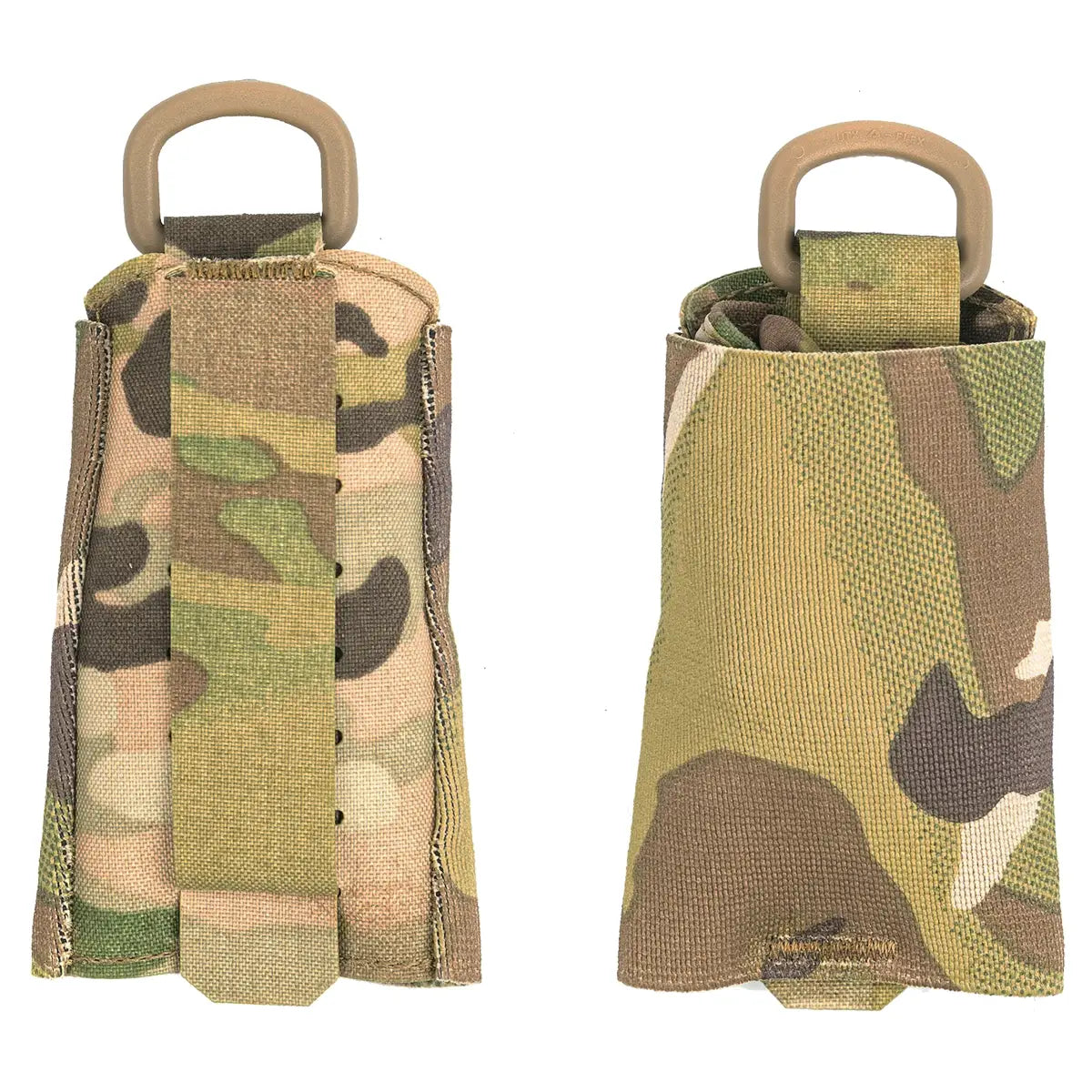 Camo pouch with MOLLE attachment system, featuring a flap closure and a D-ring for securing accessories, ideal for tactical use.