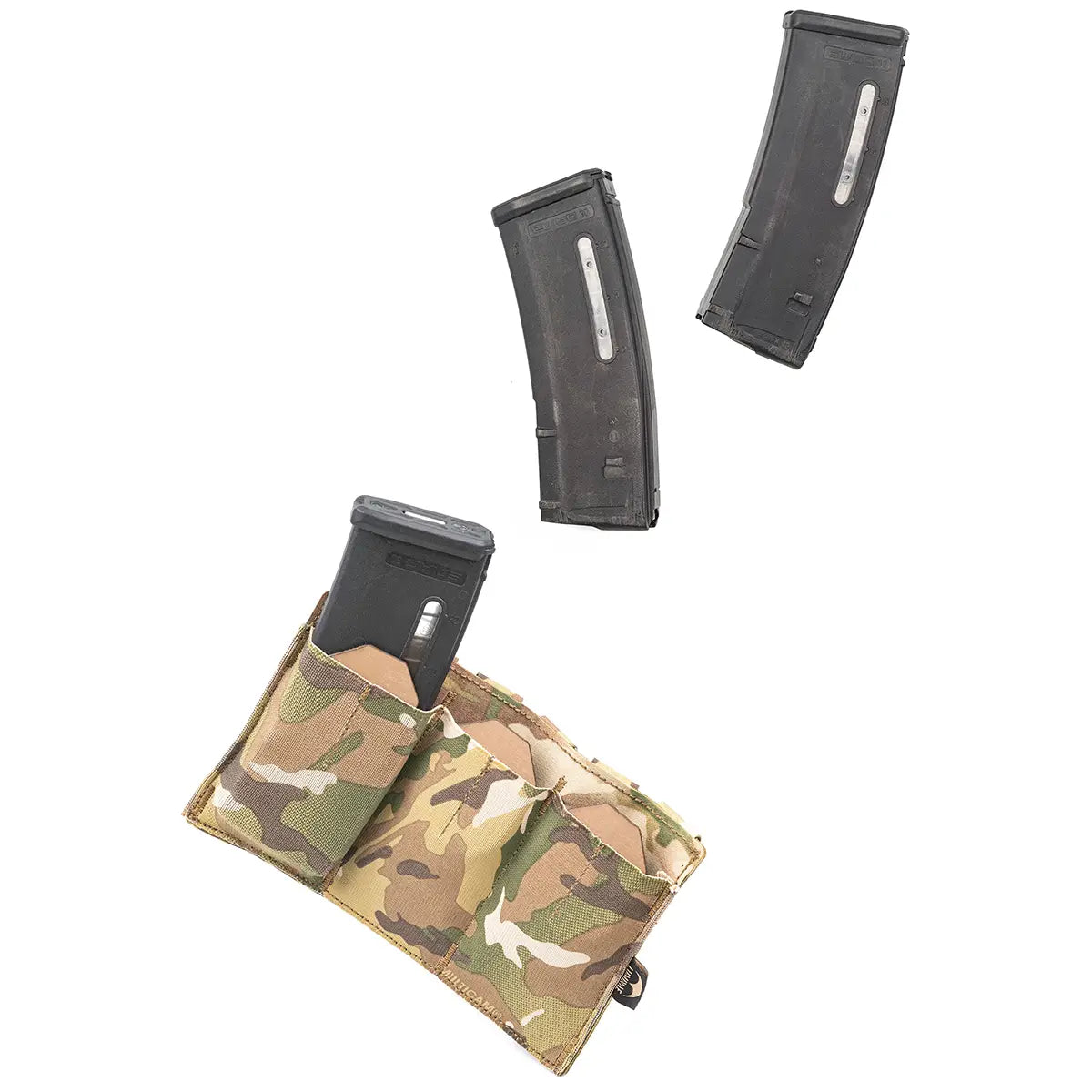Camo magazine holder with three magazines, tactical ammo storage, weapon accessory