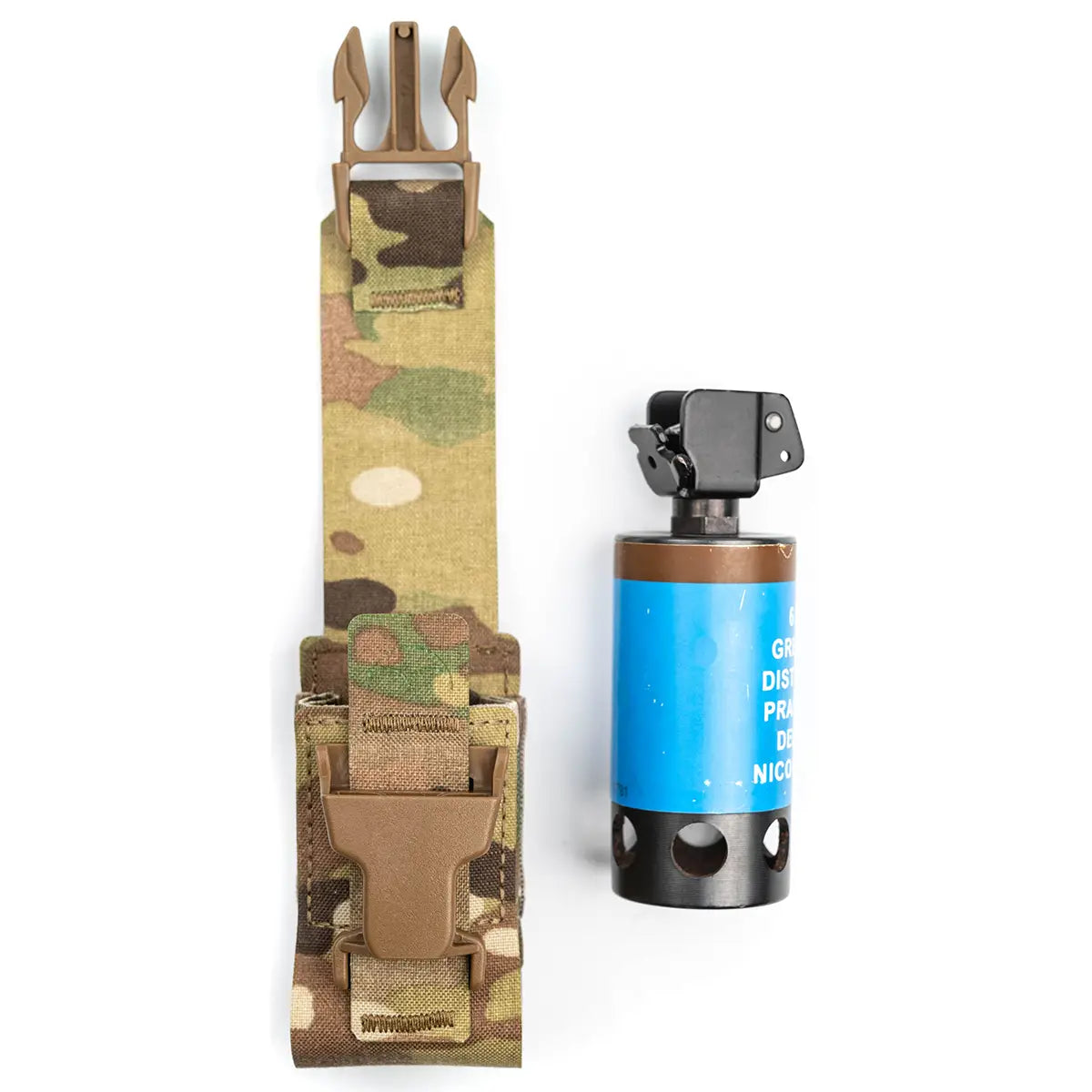 Multicam tactical pouch with grenade launcher and gear attachment