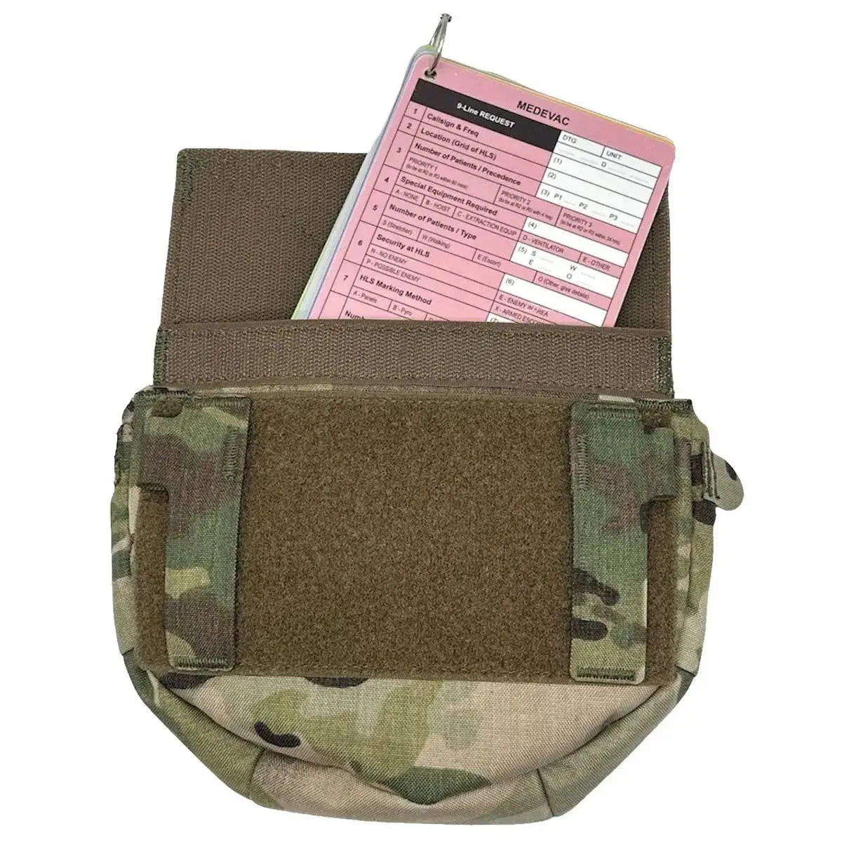 Luminae Multicam Hanger Pouch MTP with an open Velcro flap, revealing a stored medical evacuation card, ideal for military and first responder use.  from  John Bull Clothing 