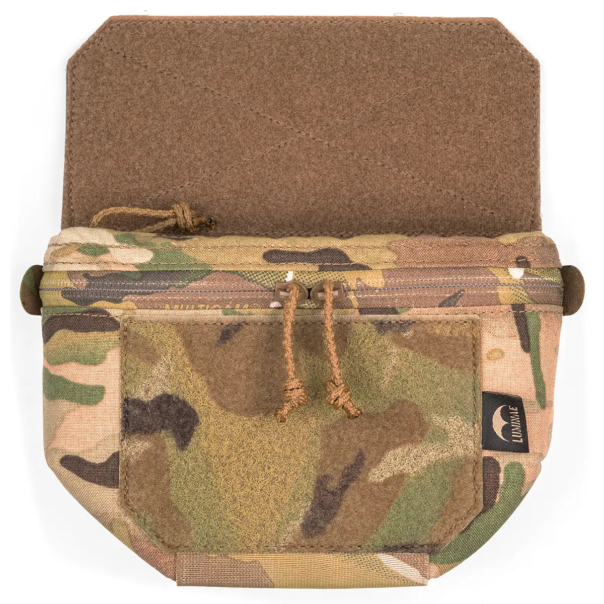 Open Luminae Multicam Hanger Pouch showing interior with camouflage fabric, Velcro flap, and drawstring closure for tactical gear storage - SKU: JB1288