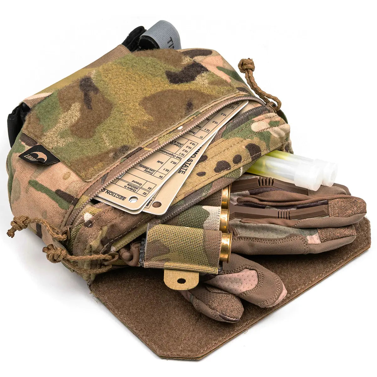 Close-up of Multicam camouflage Luminae Hanger Pouch with adjustable strap, Velcro flap, and Velcro-backed front pocket for tactical gear - SKU: JB1288