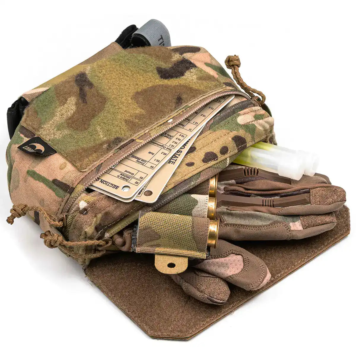 Close-up of Multicam camouflage Luminae Hanger Pouch with adjustable strap, Velcro flap, and Velcro-backed front pocket for tactical gear - SKU: JB1288