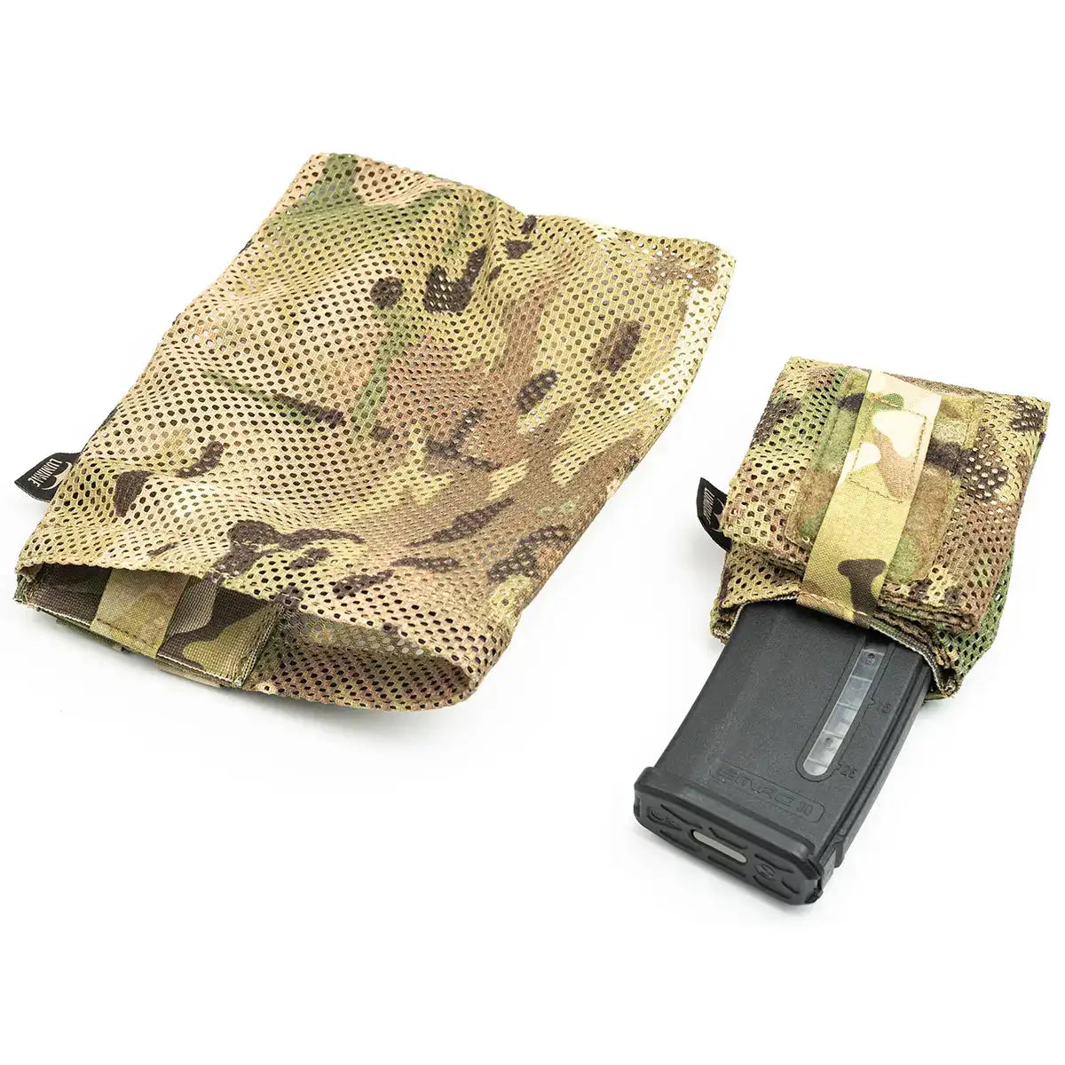 Multicam camouflage magazine pouch with mesh fabric, holds a magazine, adjustable strap, tactical gear accessory, John Bull Clothing SKU: JB1357