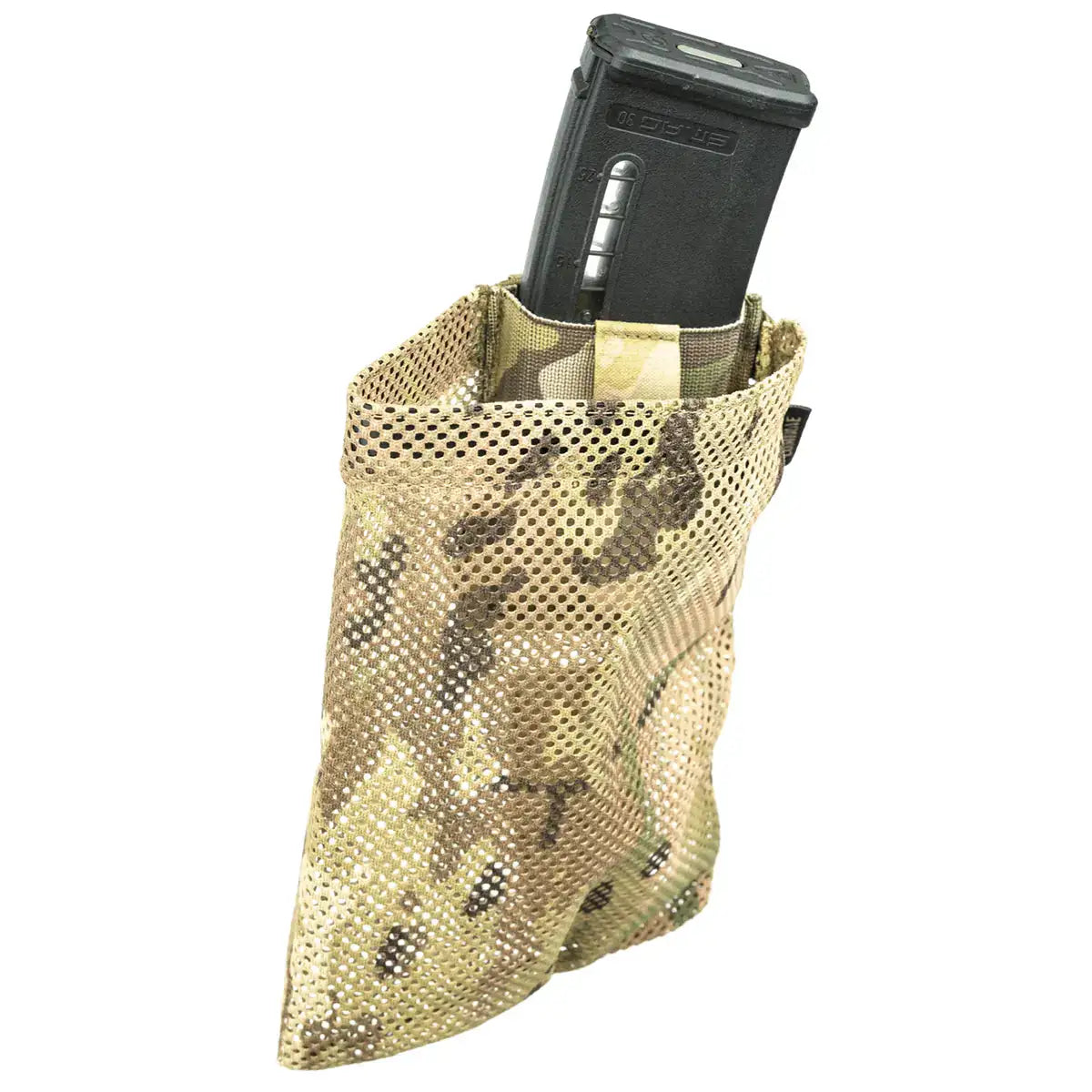 Multicam camouflage dump pouch with mesh fabric, designed for tactical gear, holds a magazine, compact size, John Bull Clothing SKU: JB1357