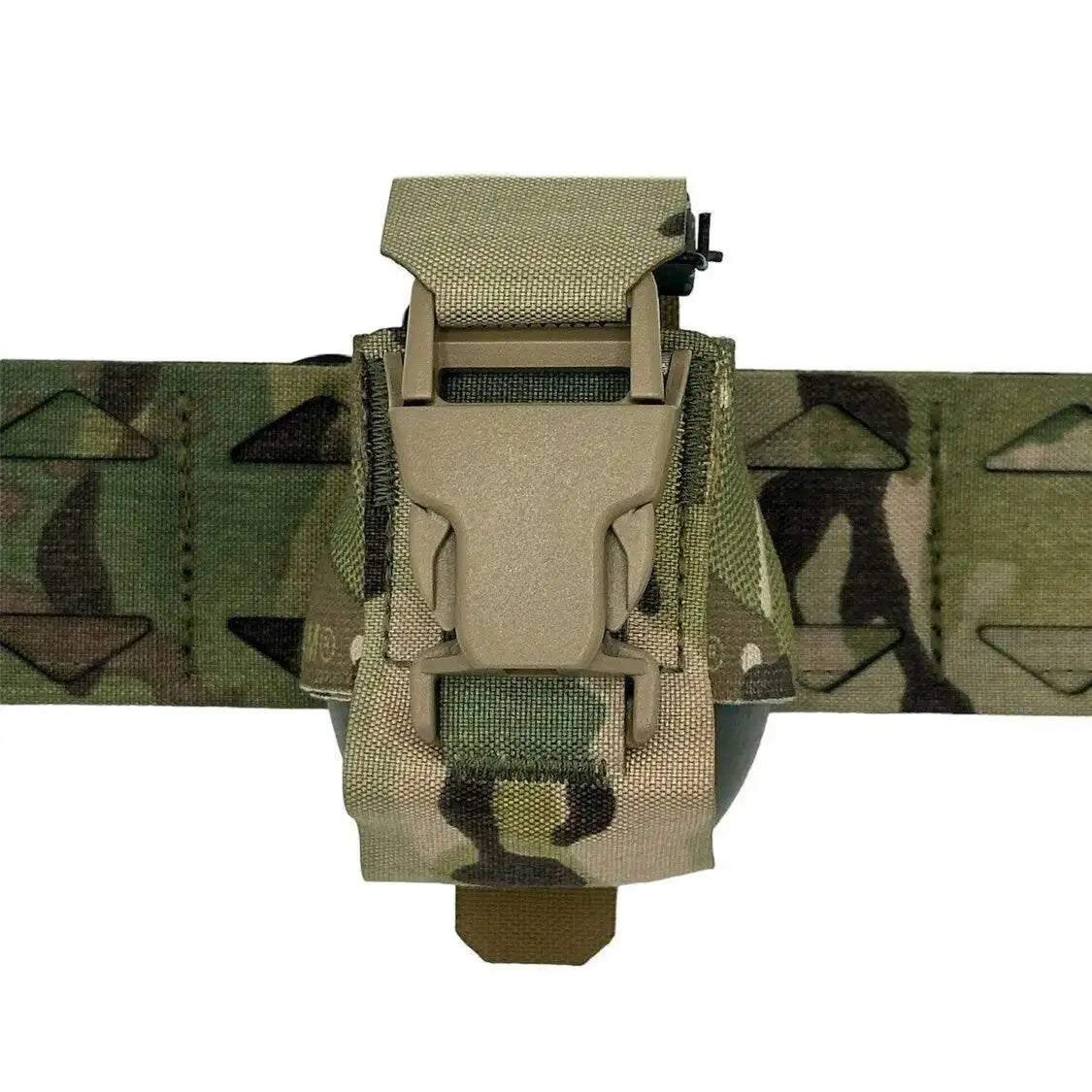 Front view of Luminae Multicam Frag Grenade Pouch mounted on a tactical belt, featuring a secure buckle closure and rugged Cordura construction for military applications.  from  John Bull Clothing 
