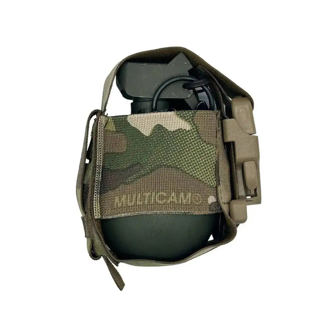 Close-up of Luminae Multicam Frag Grenade Pouch holding a grenade, showcasing its durable Cordura construction and secure fastening system. Ideal for military and tactical use.  from  John Bull Clothing 