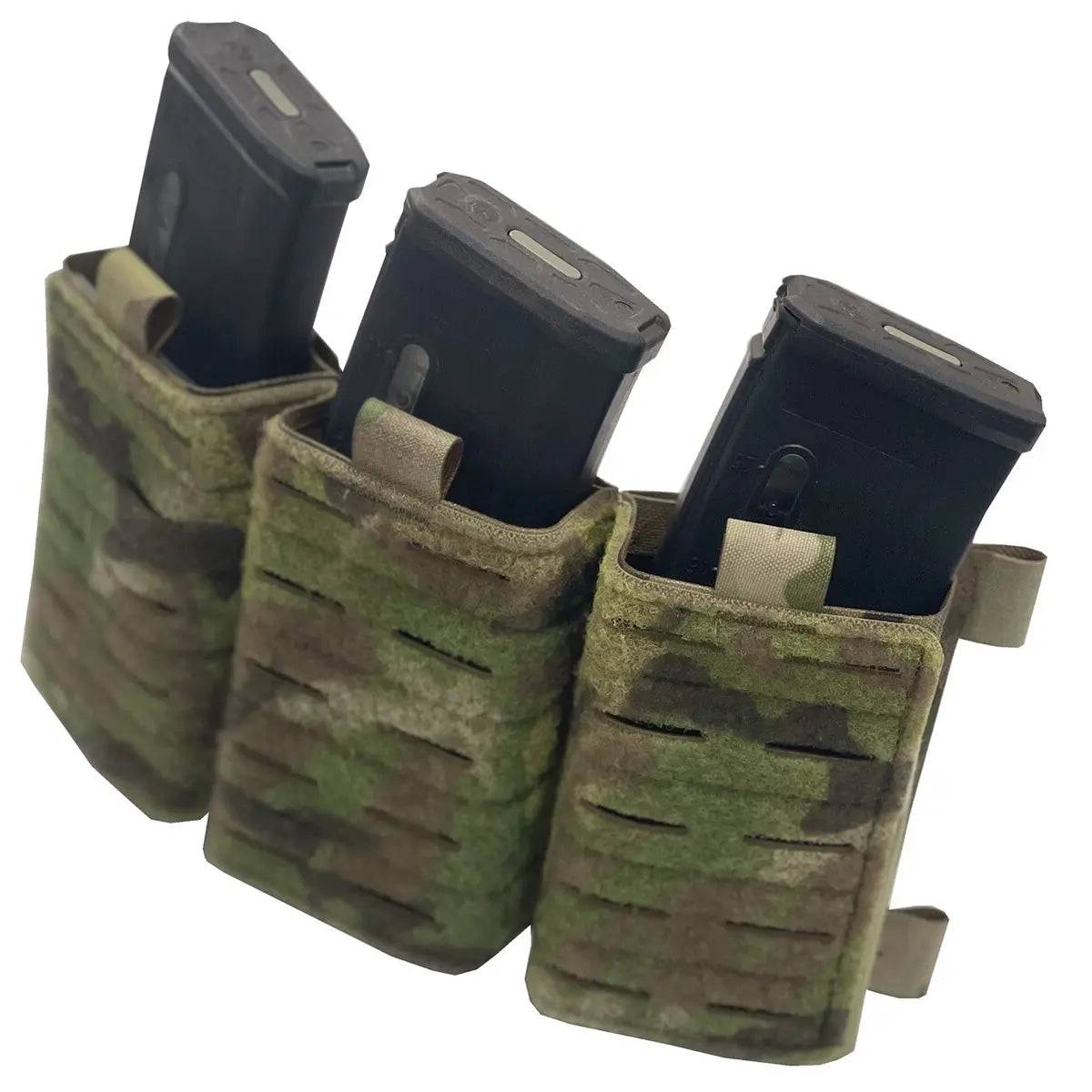 Luminae Multicam Triple Mag Pouch with Kydex Inserts securely holding three 5.56 magazines. Durable Cordura construction with laser-cut MOLLE design.