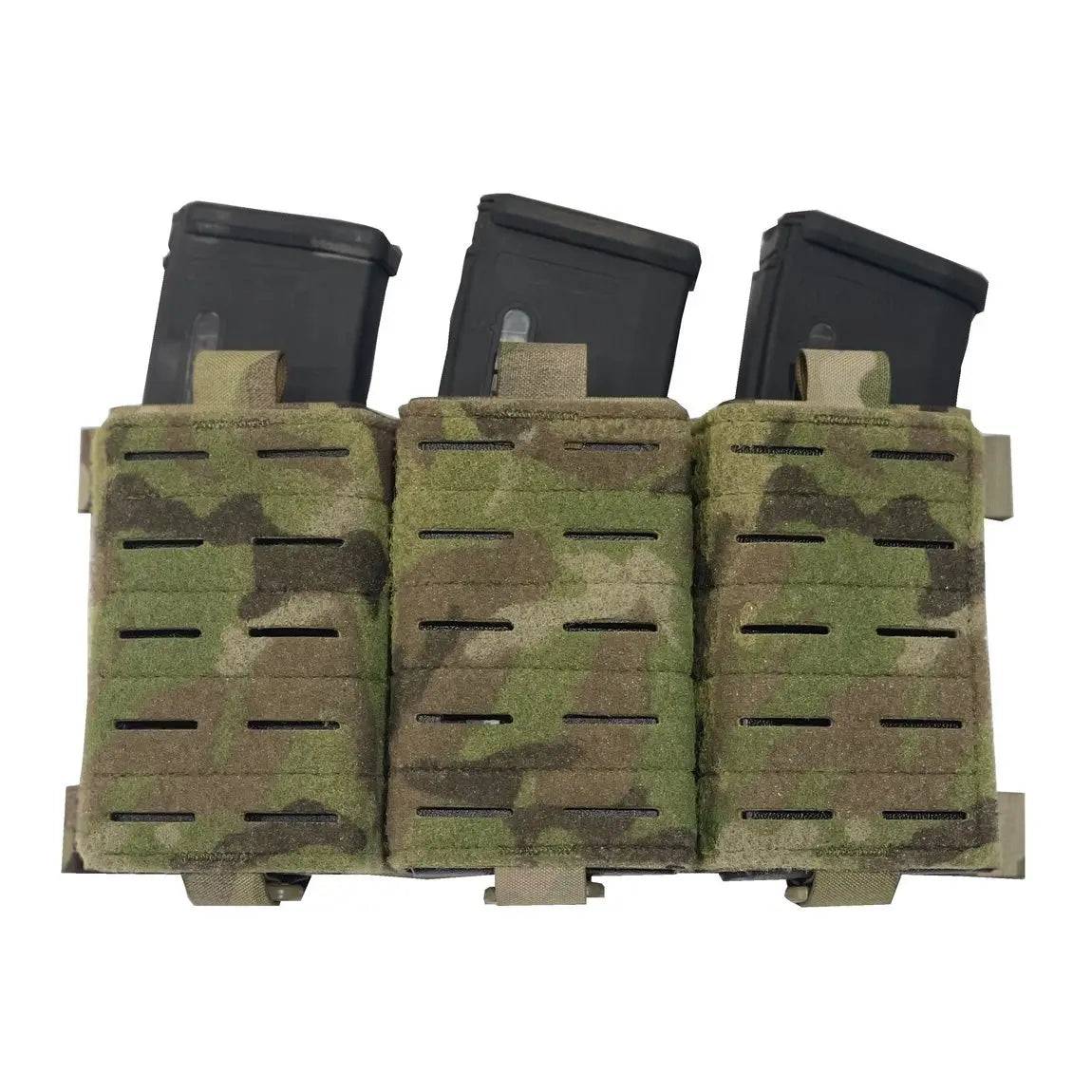 Front view of Luminae Multicam Triple Mag Pouch with Kydex Inserts, showcasing its rugged Cordura build and MOLLE compatibility for tactical gear.