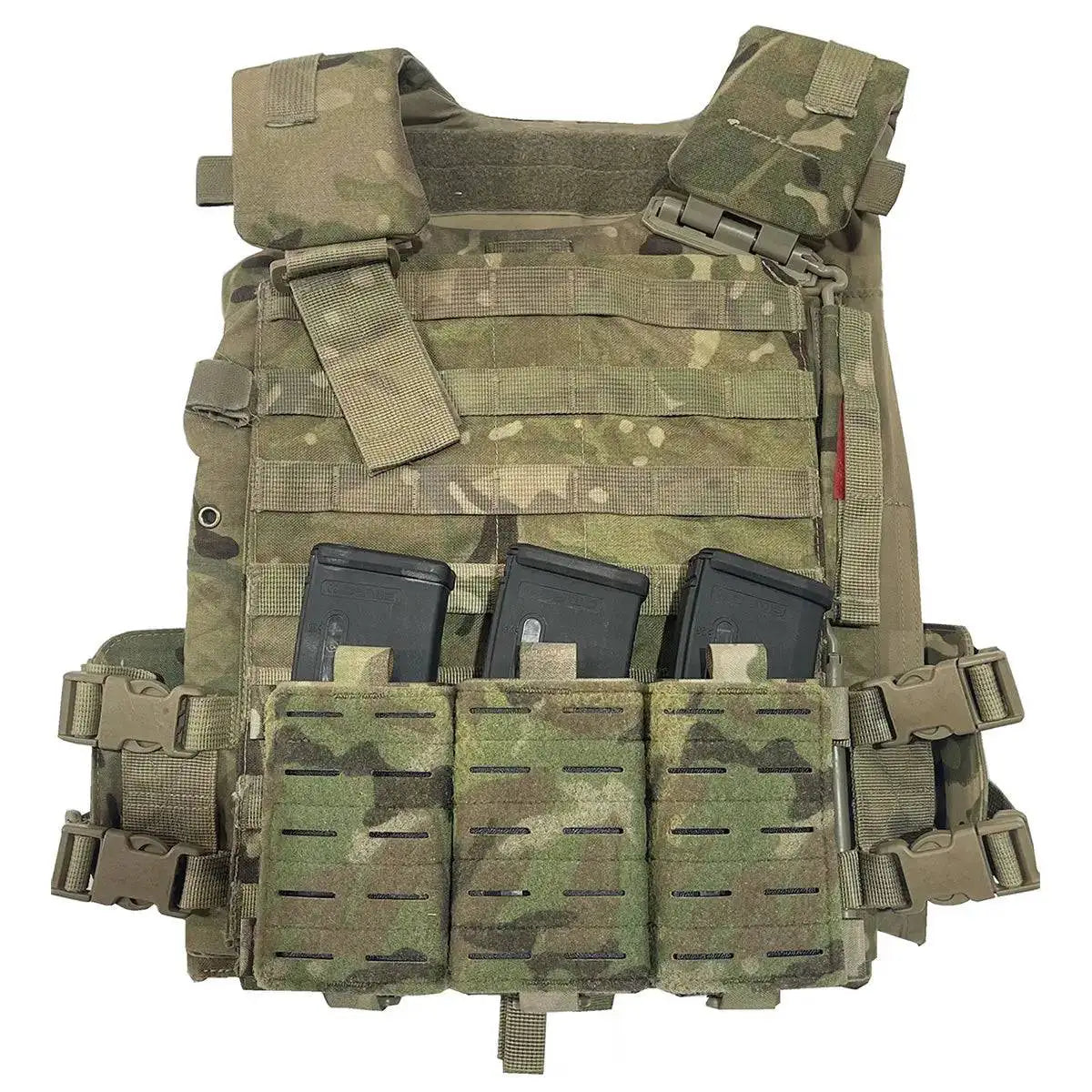 Luminae Multicam Triple Mag Pouch with Kydex Inserts mounted on a tactical vest, demonstrating its secure fit and rapid access to 5.56 magazines.  from  John Bull Clothing 
