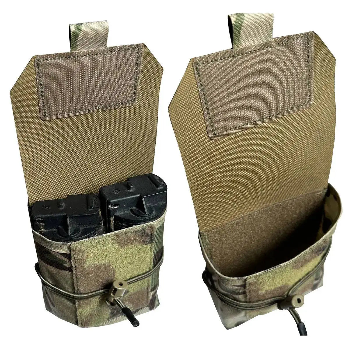 Open Luminae Multicam Mega Pouch MTP displaying spacious interior with elastic retention for securely holding magazines or other tactical accessories.  from  John Bull Clothing 