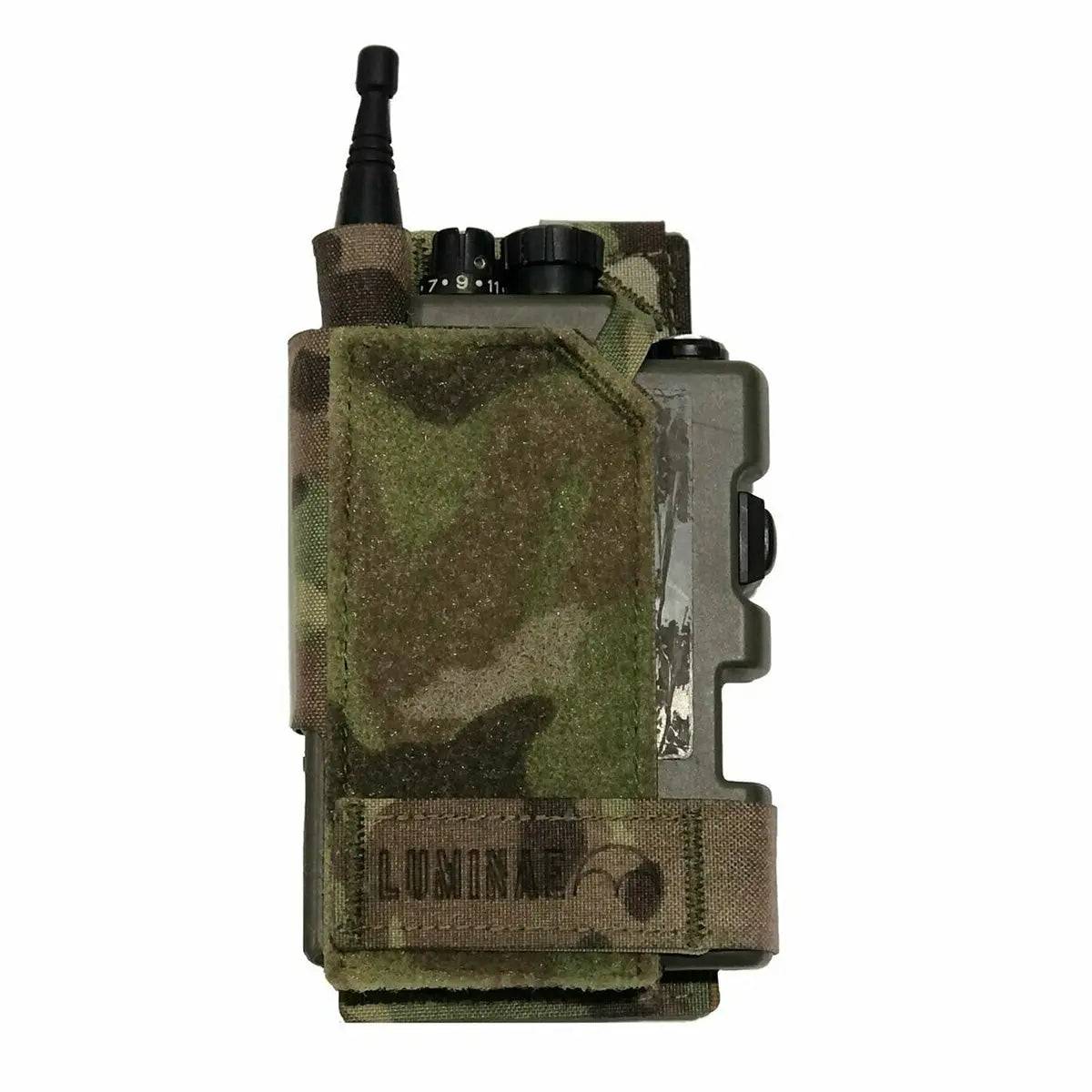 Luminae Multicam PRR Pouch MTP securely housing an H4855 Personal Role Radio with a camouflage design for military and tactical use.