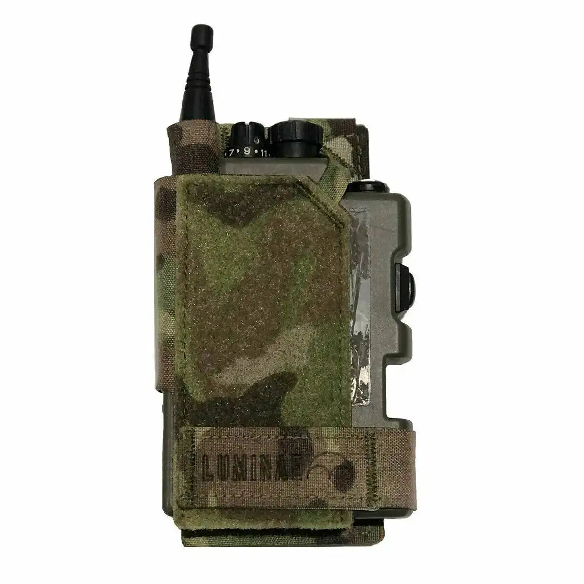 Luminae Multicam PRR Pouch MTP securely housing an H4855 Personal Role Radio with a camouflage design for military and tactical use.  from  John Bull Clothing 