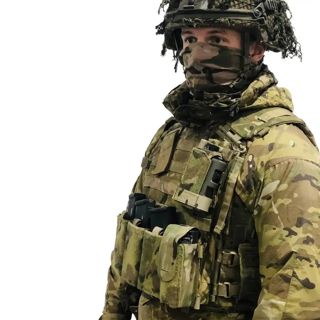 Soldier wearing the Luminae Multicam PRR Pouch MTP attached to tactical vest, demonstrating its practical use in military operations.  from  John Bull Clothing 