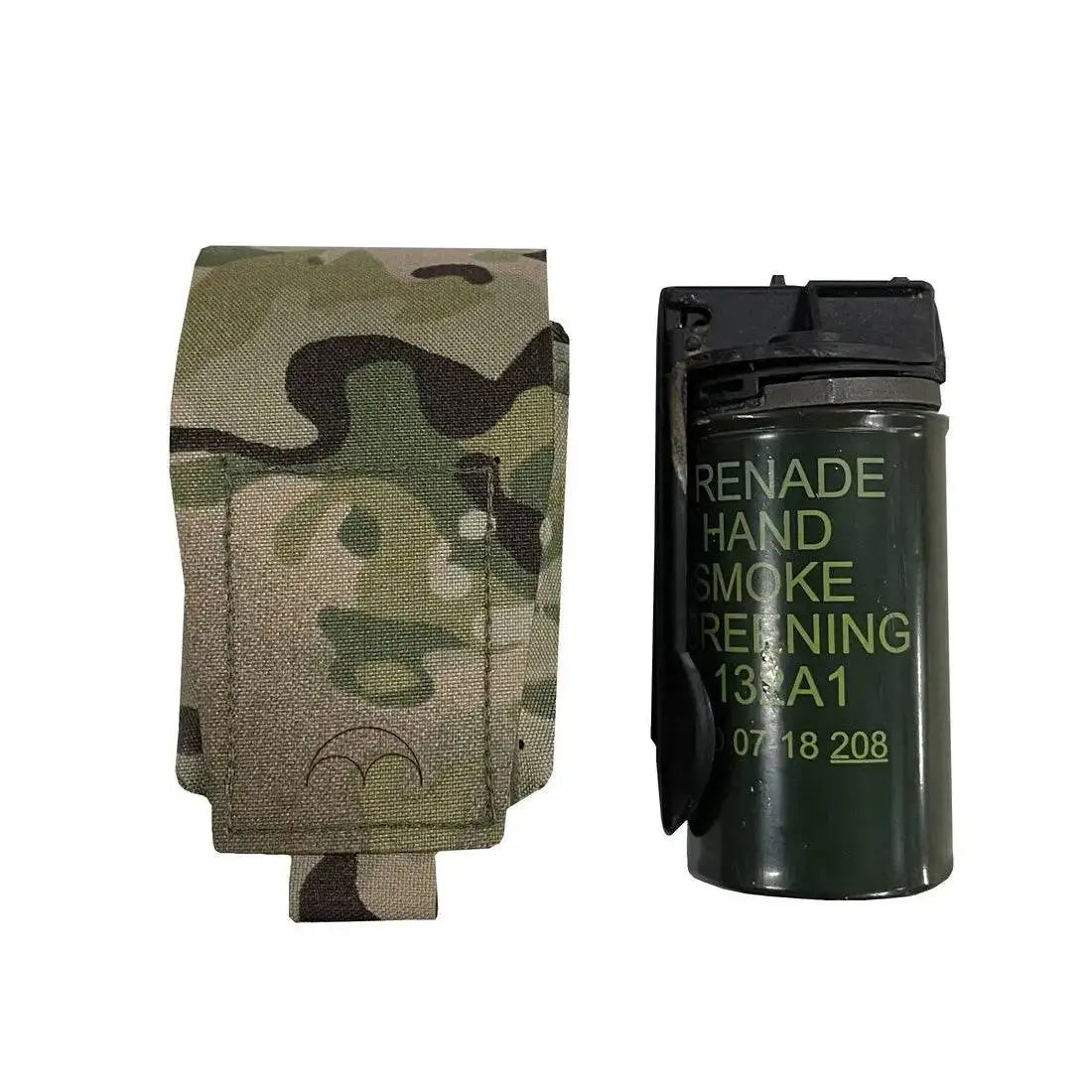 Luminae Multicam Smoke Grenade Pouch MTP shown alongside a smoke grenade for size comparison. Designed for quick access and secure storage.  from  John Bull Clothing 