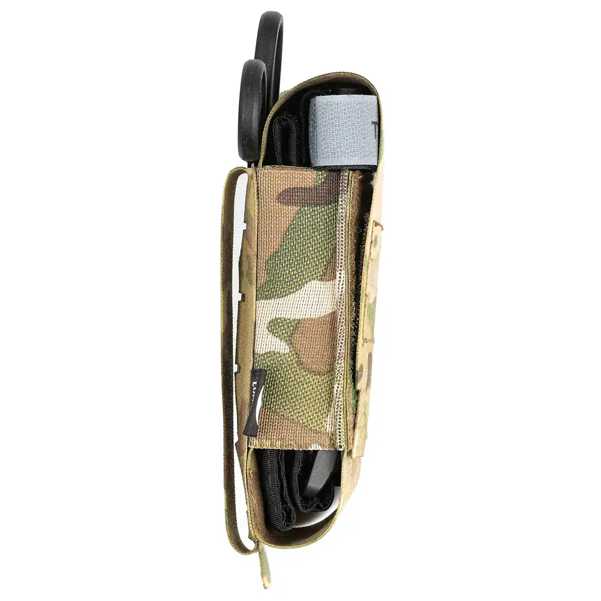 Side view of Luminae Multicam TQ Pouch in camouflage pattern, compact design with zipper and elastic straps for secure tourniquet carry