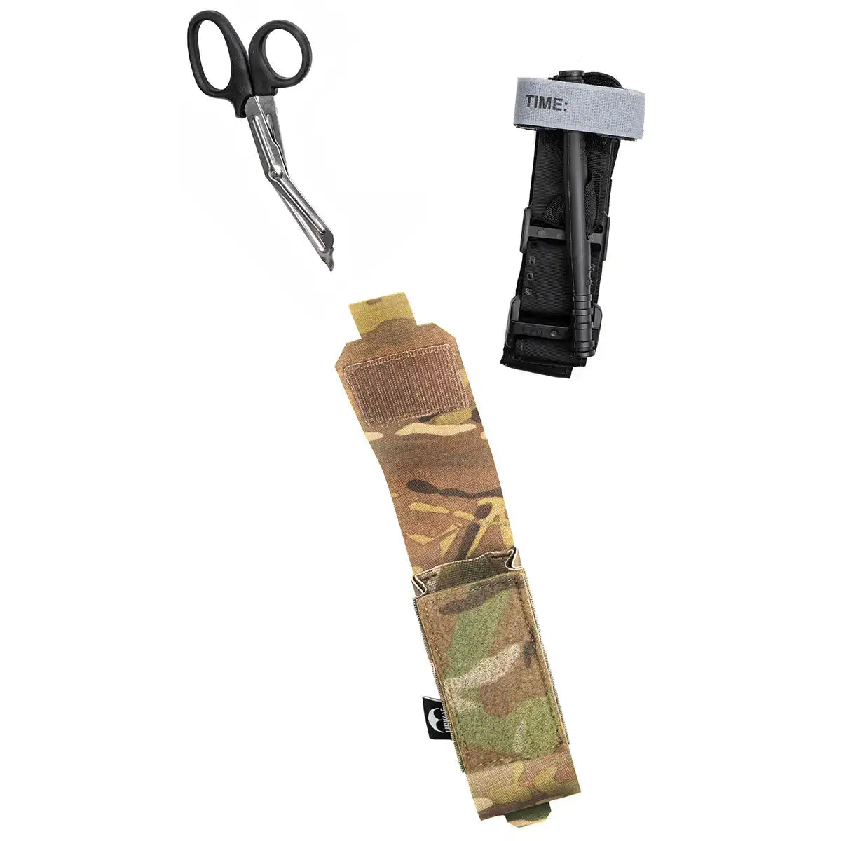 Tactical Multicam camouflage tourniquet holder with elastic strap and hook-and-loop closure, made of durable fabric for military use.