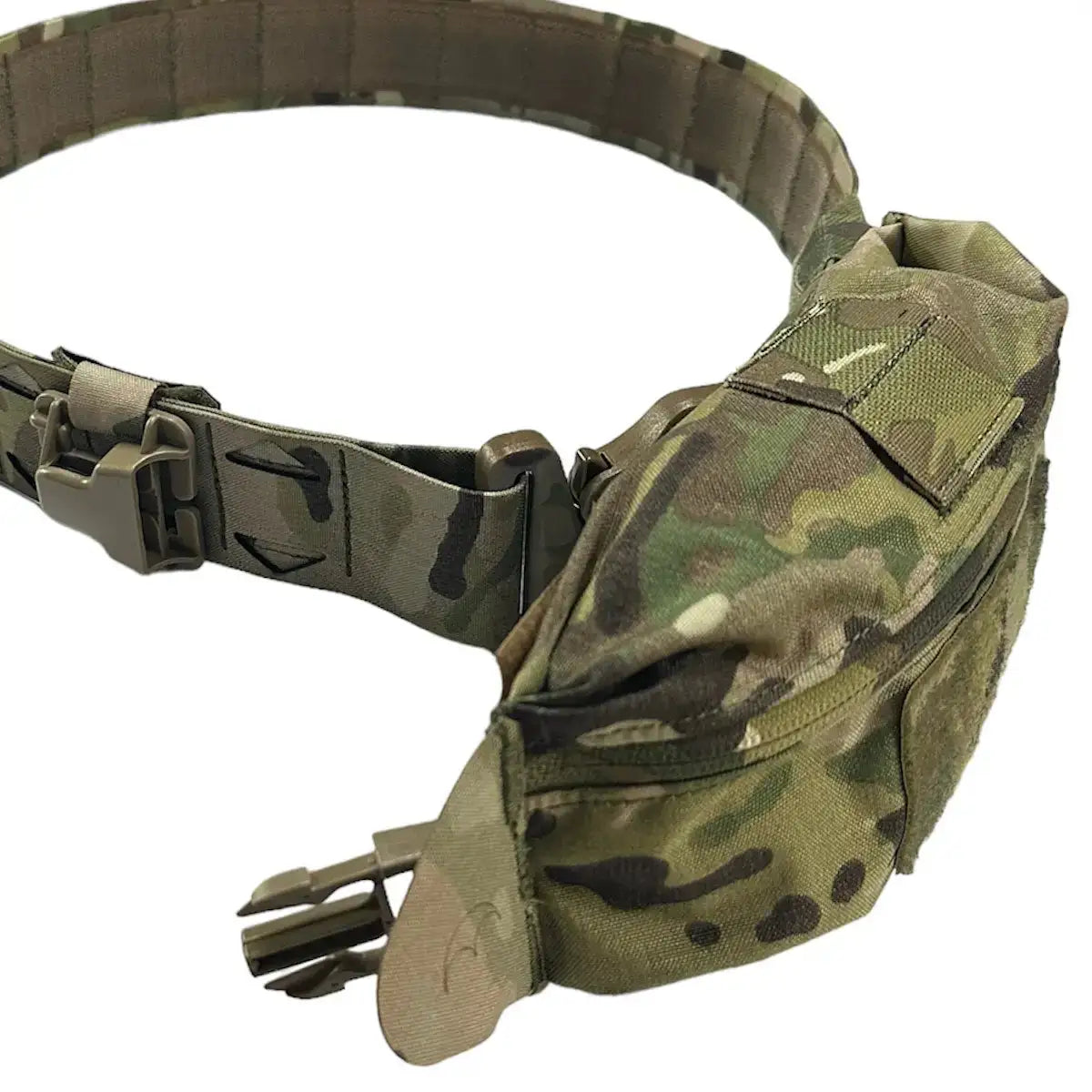 Luminae Over the Belt OTB Pouch Multicam attached to a tactical belt, showcasing its over-the-buckle design for efficient gear access.  from  John Bull Clothing 