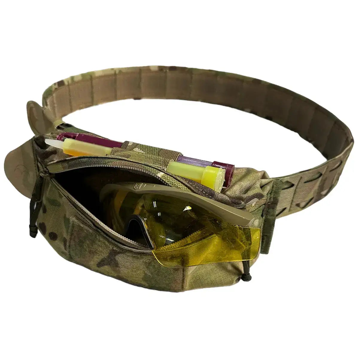 Luminae Over the Belt OTB Pouch Multicam open with protective eyewear and glow sticks, designed for organized tactical storage on the go.  from  John Bull Clothing 