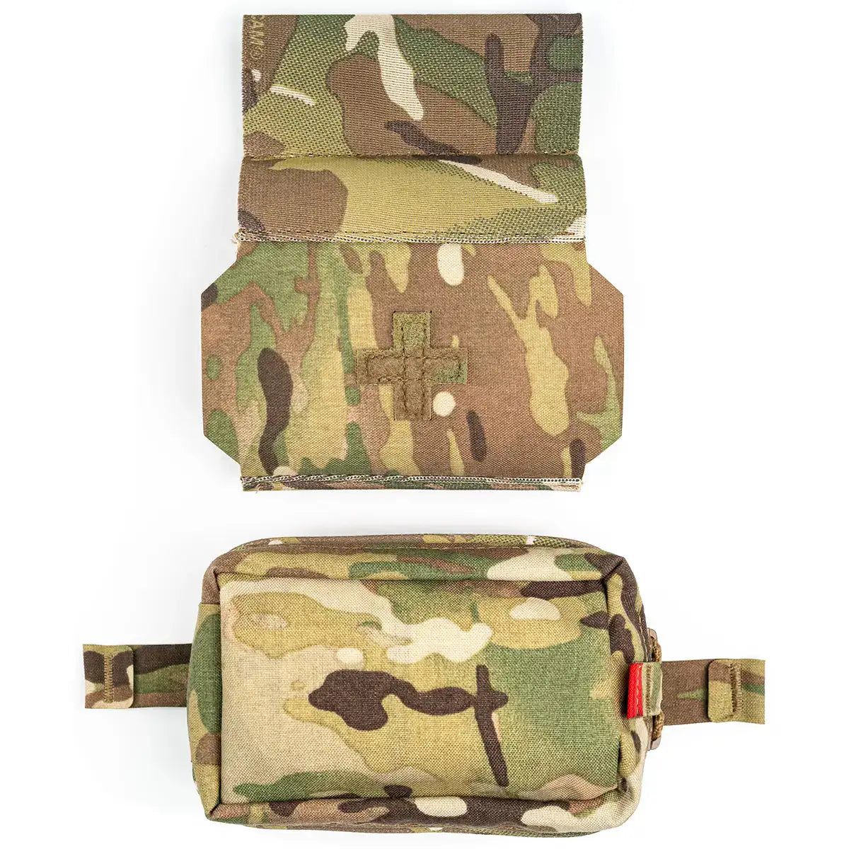 Camo-patterned medical pouch with MOLLE attachment, containing scissors, gauze, and first aid supplies for tactical use.