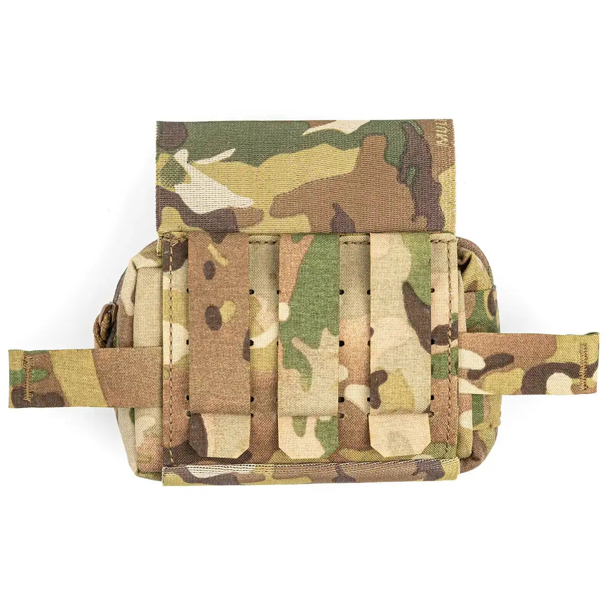 Camo-patterned first aid kit with multiple pouches, elastic loops, and a secure closure for emergency medical supplies.
