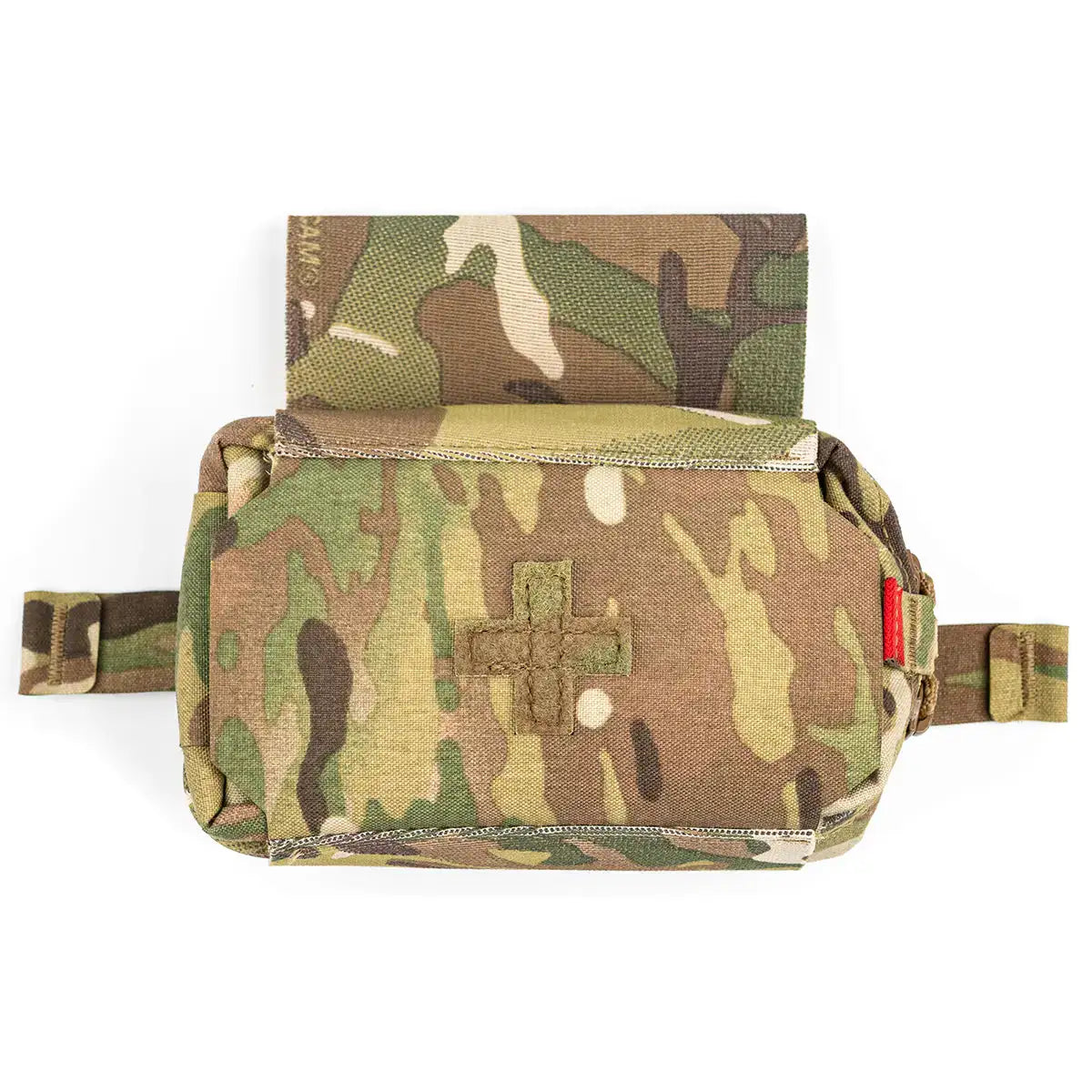 Luminae Pull Out IFAK Medical Pouch in Multicam camouflage with secure Velcro flap, durable Cordura material, and cross emblem for tactical first aid storage
