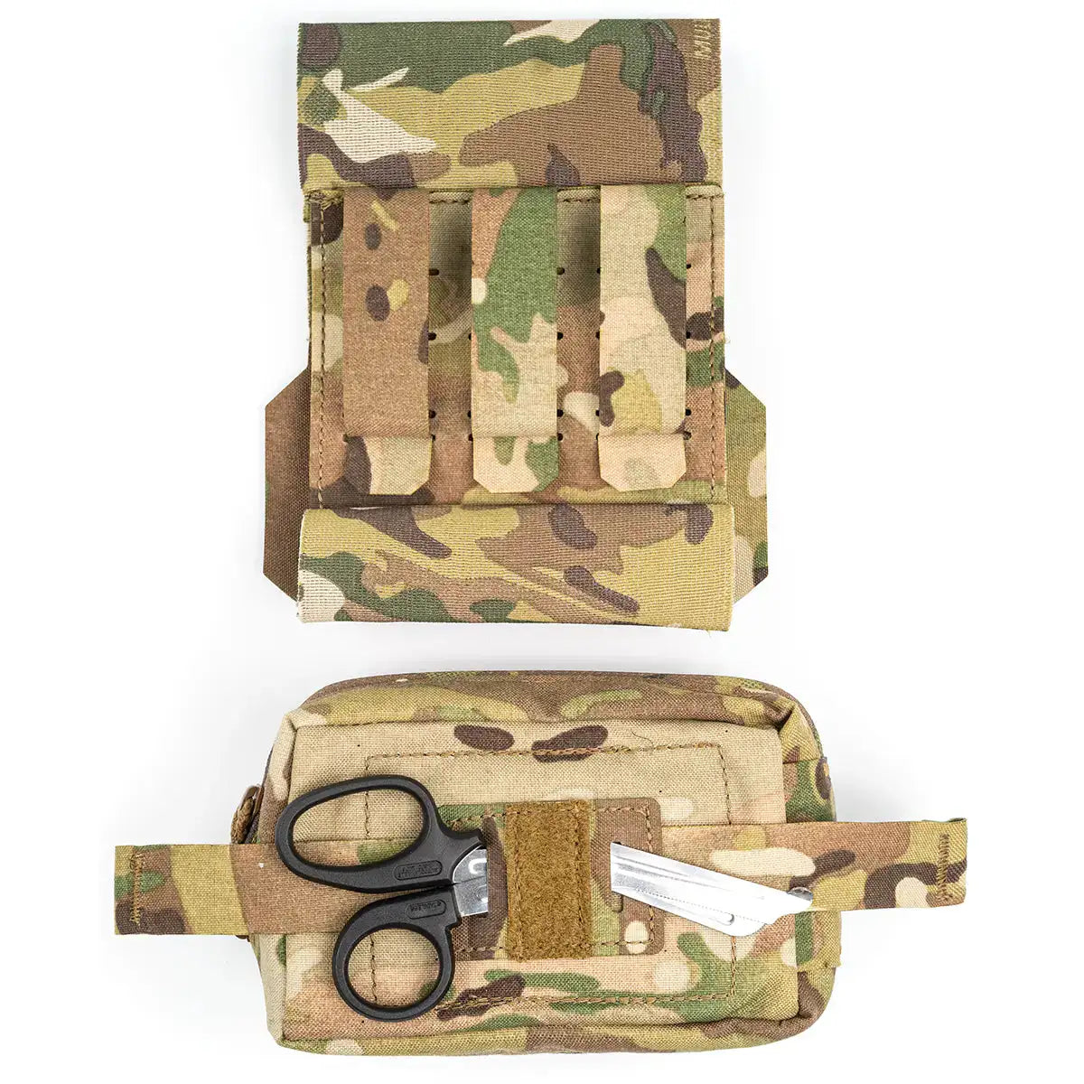 Camo-patterned first aid kit pouch with MOLLE webbing, Velcro flap, and a compact design for tactical medical supplies.