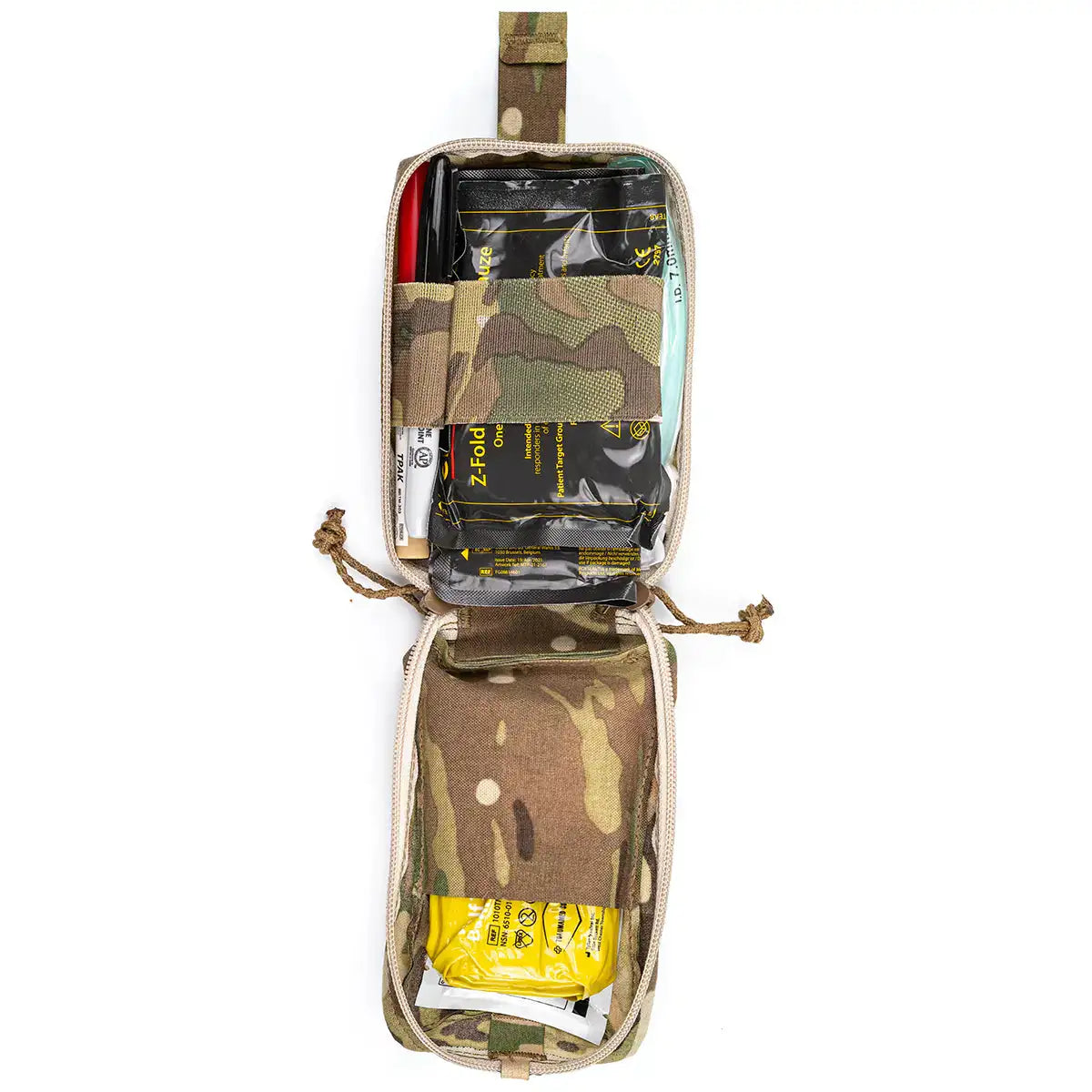 Luminae Pull Out IFAK Medical Pouch in Multicam camouflage with multiple compartments for first aid supplies, durable Cordura material, tactical design