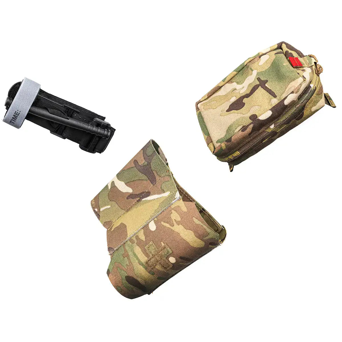 Inside view of Luminae Pull Out IFAK Medical Pouch with organized medical supplies, camouflage pattern, and spacious interior for first aid kit