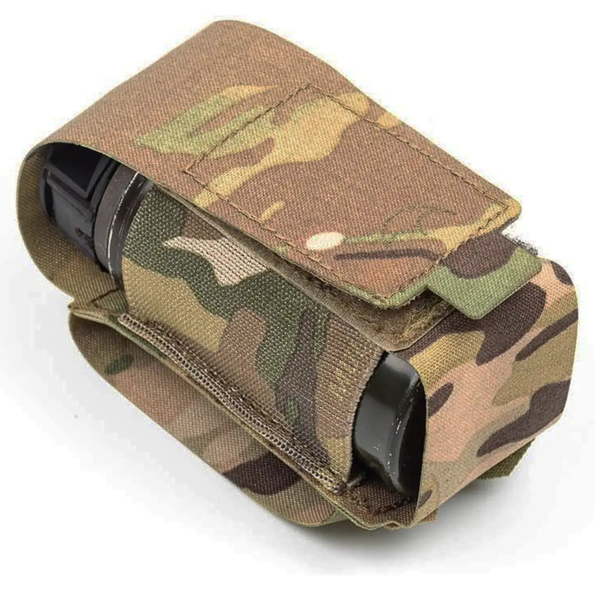 Multicam camouflage weapon accessory pouch with Velcro flap and zippered compartment, designed for tactical use, SKU: JB1296