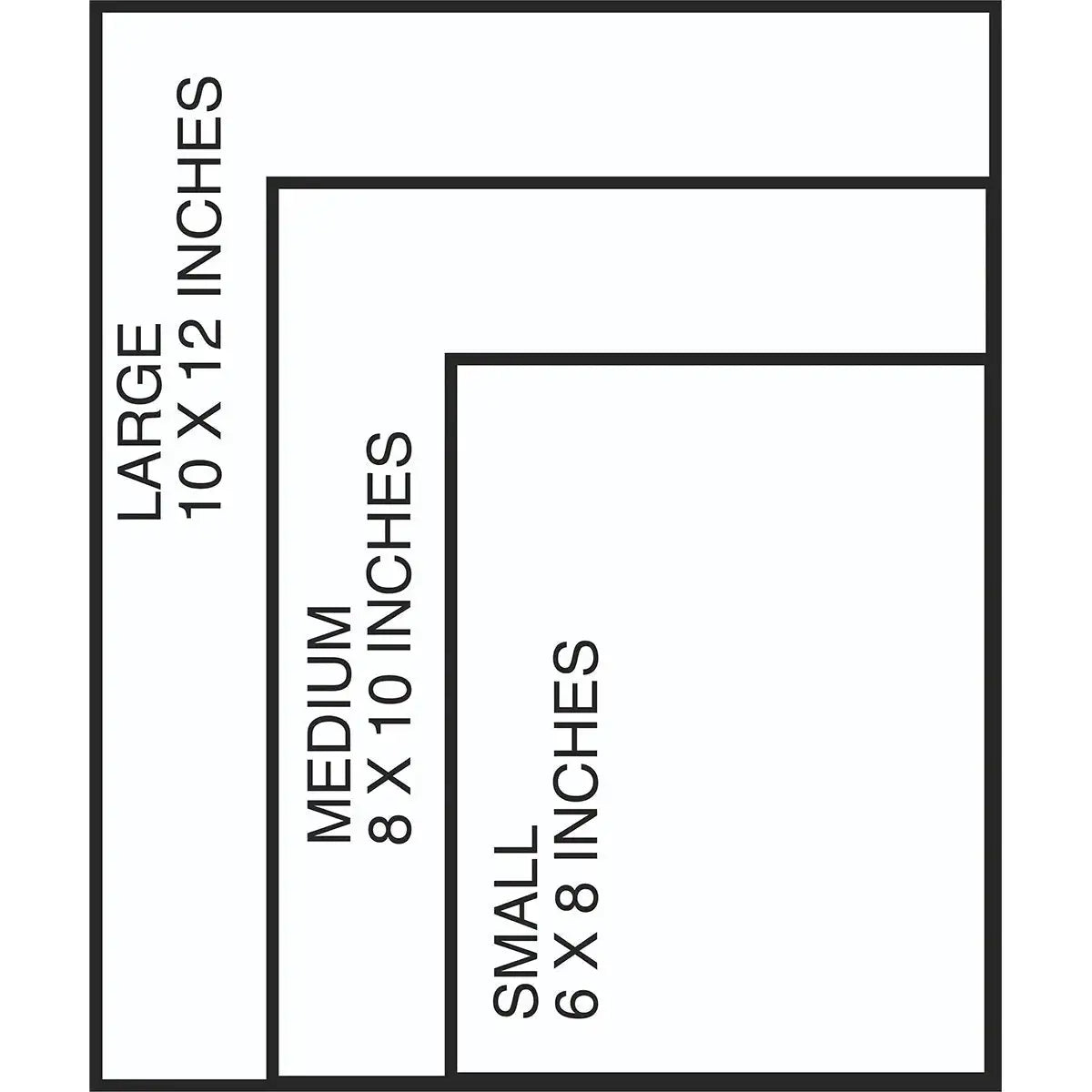 Size chart for Luminae Stash Bags - Set of 3 Multicam showing dimensions: Large 10x12, Medium 8x10, Small 6x8 inches for travel pouch selection.  from  John Bull Clothing 