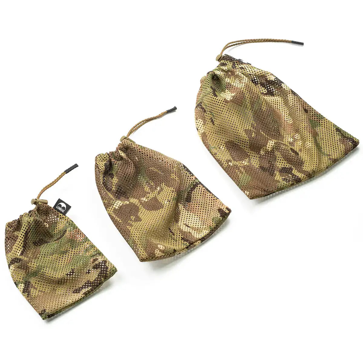 Camouflage patterned stash bags in small, medium, and large sizes with drawstrings, ideal for tactical or outdoor gear storage