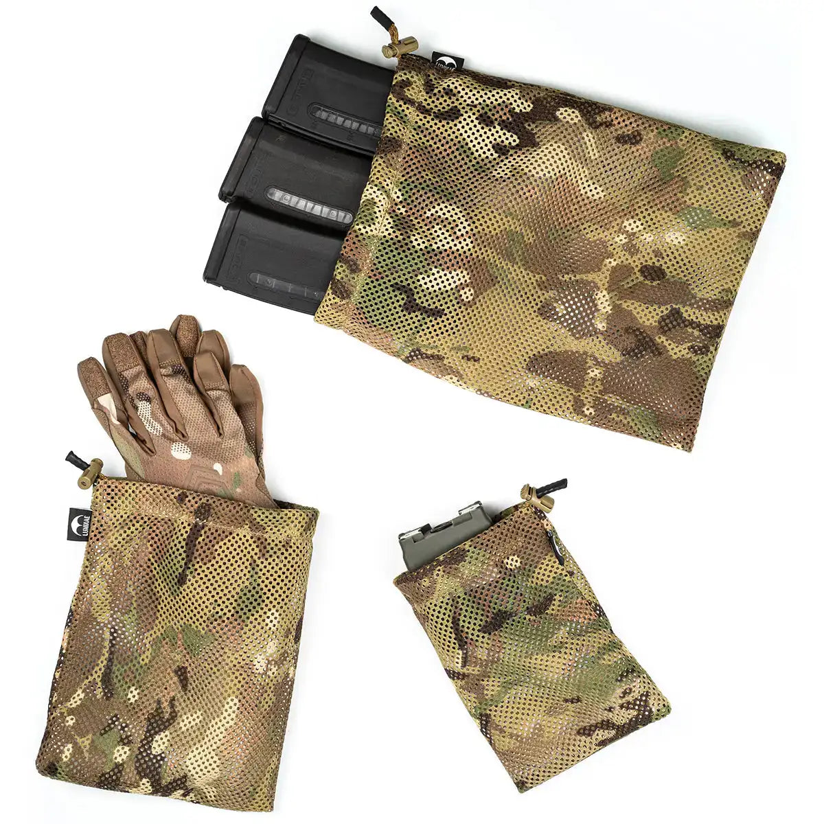 Multicam camouflage mesh packing organizer with multiple compartments, holding magazines and gear, SKU: JB1474