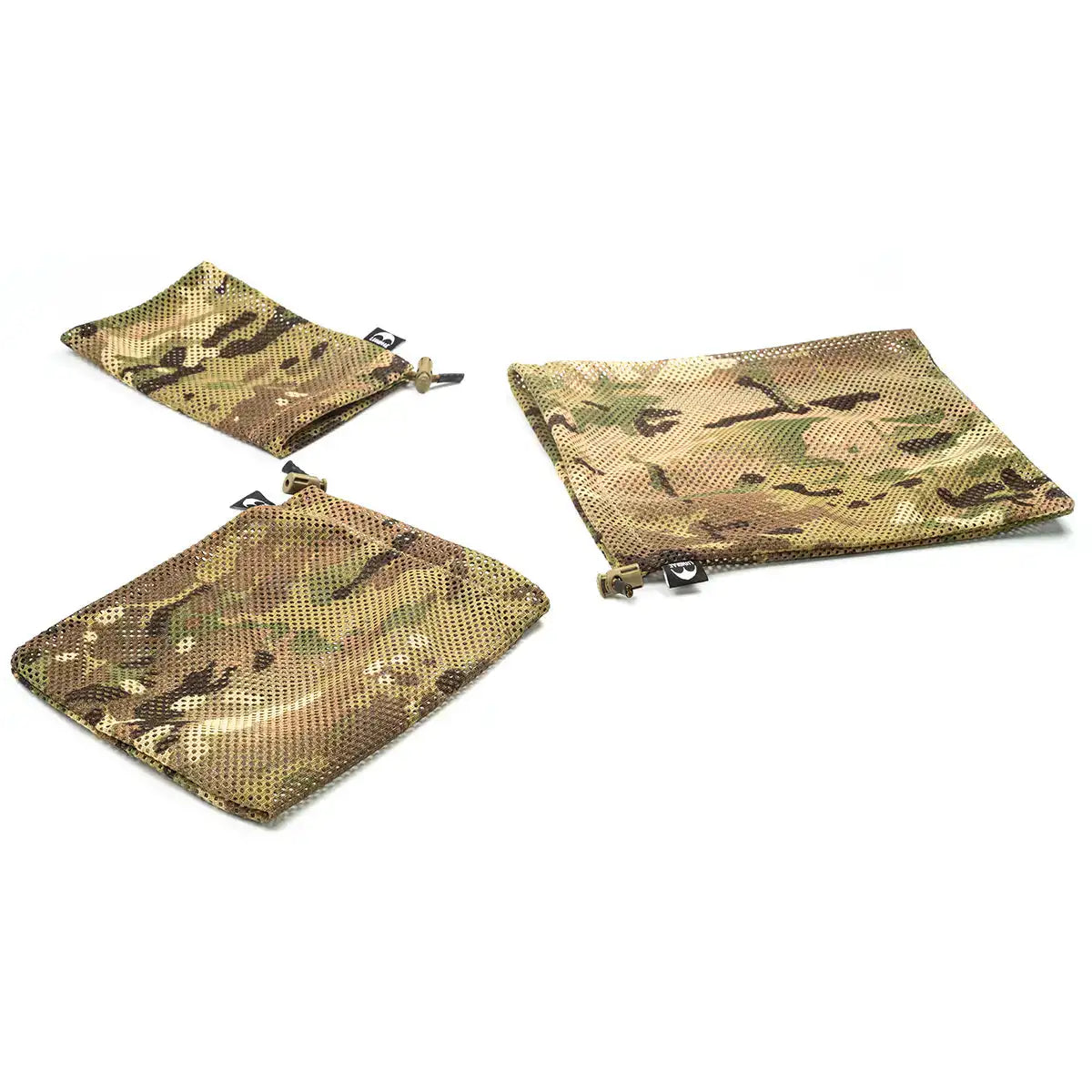 Illustration showing dimensions of camouflage stash bags: large 10x12 inches, medium 8x10 inches, small 6x8 inches for modular packing