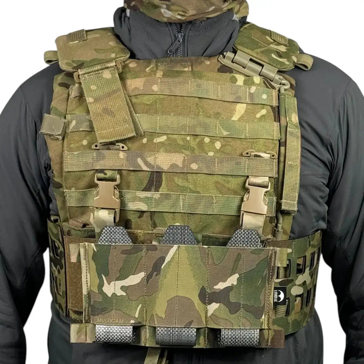 Front view of Luminae Virtus Rigging Upgrade Kit worn on Virtus Plate Carrier, showcasing secure fit and MOLLE compatibility in Multicam  from  John Bull Clothing 