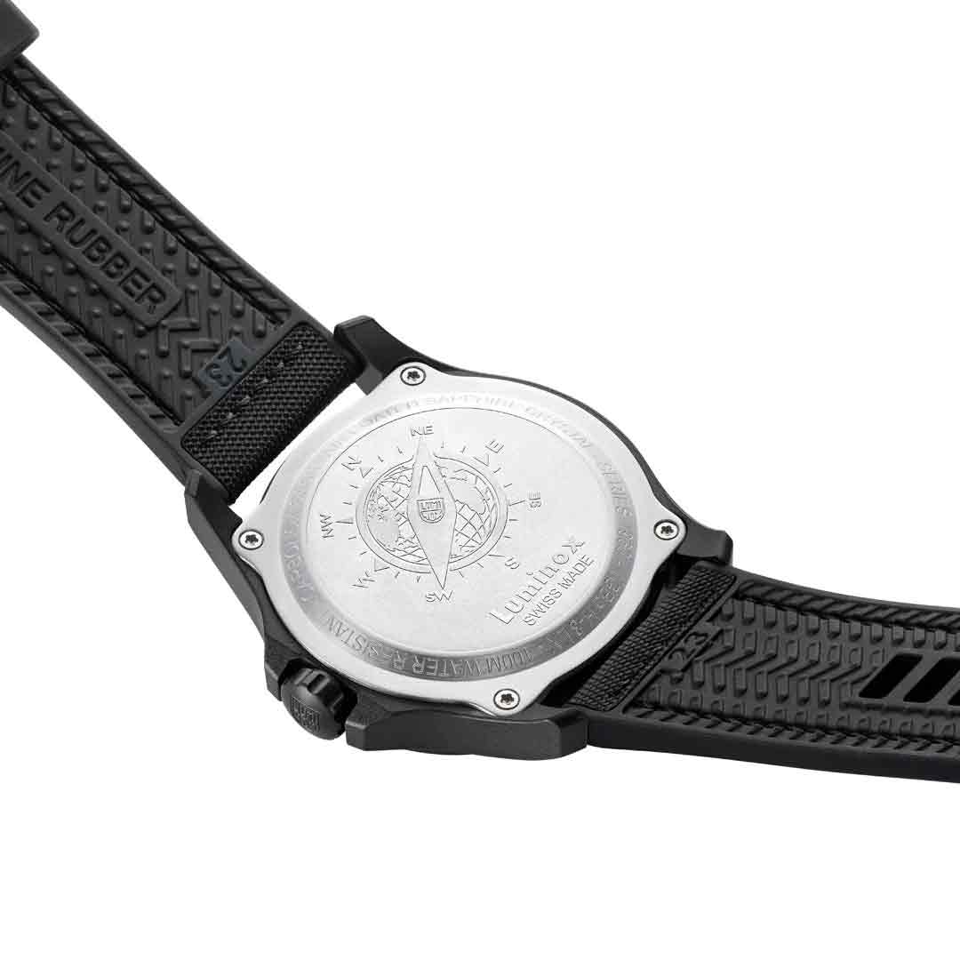 Back of Luminox Atacama Field 1960 Series Watch XL.1971.SET showing engraved case back and black rubber strap with textured grip.