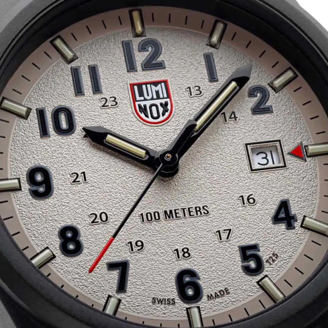Close-up of Luminox Atacama Field 1960 Series Watch XL.1971.SET dial showing textured beige face, bold numerals, and date window.  from  John Bull Clothing 