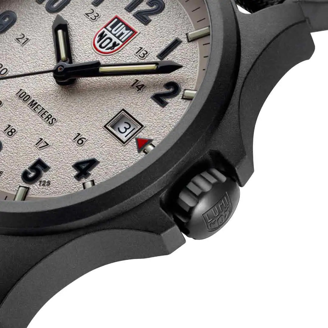 Side view of Luminox Atacama Field 1960 Series Watch XL.1971.SET highlighting crown with Luminox logo and durable Carbonox case.  from  John Bull Clothing 