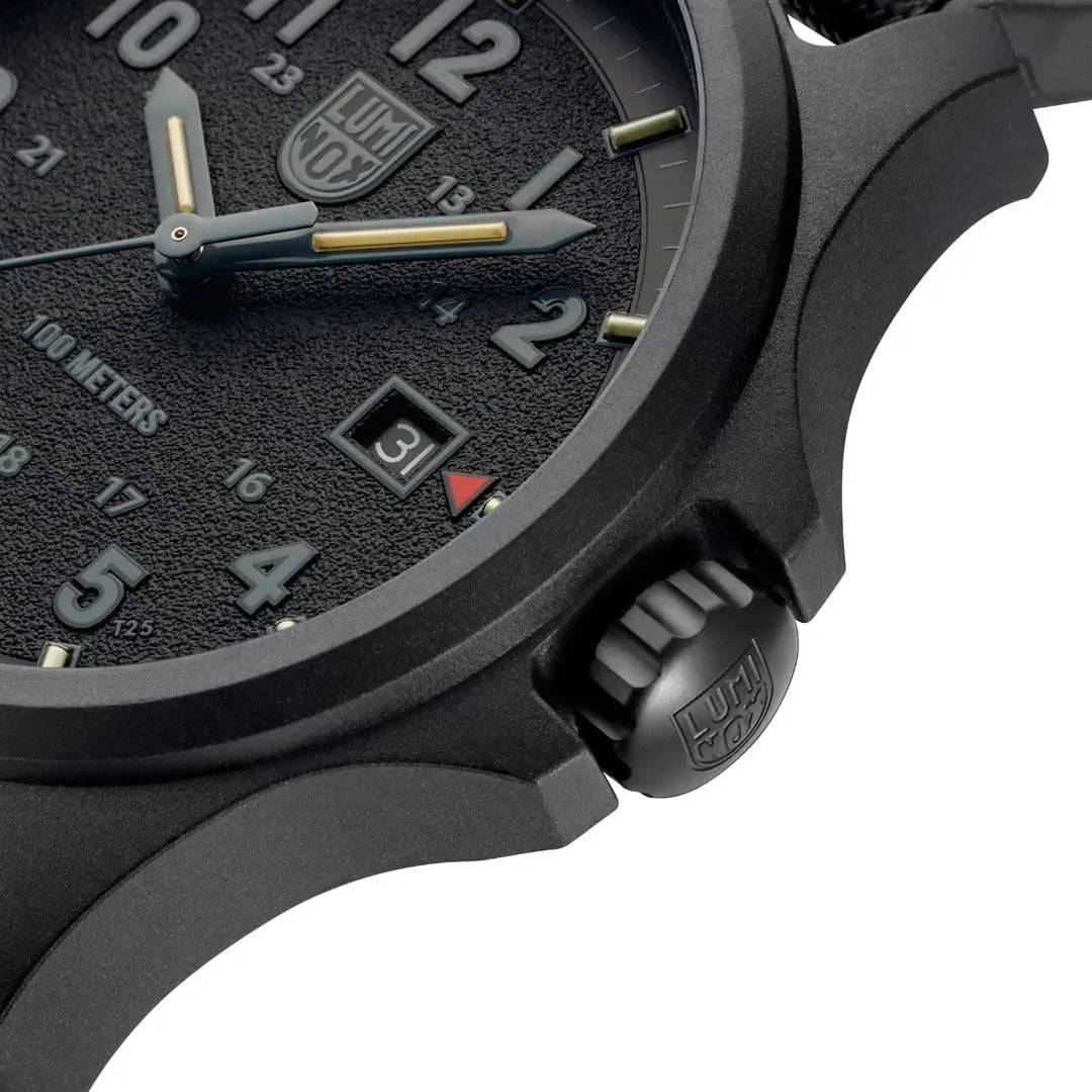 Side view of Luminox Atacama Field 1960 Series Watch Black 43mm XL.1961 highlighting the textured case, crown, and rugged black finish.