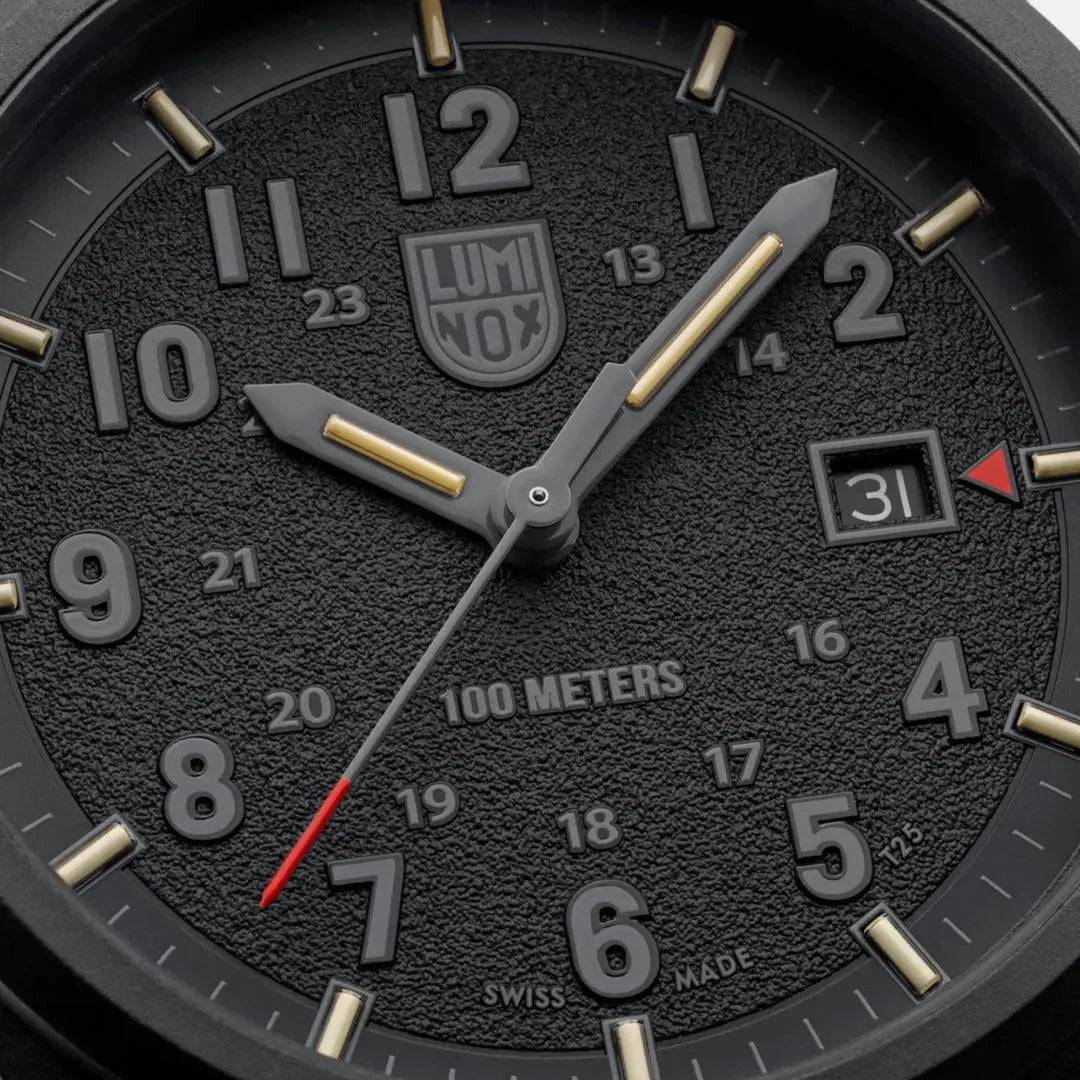 Close-up of Luminox Atacama Field 1960 Series Watch Black 43mm XL.1961 showcasing textured black dial, luminous hands, and date display.