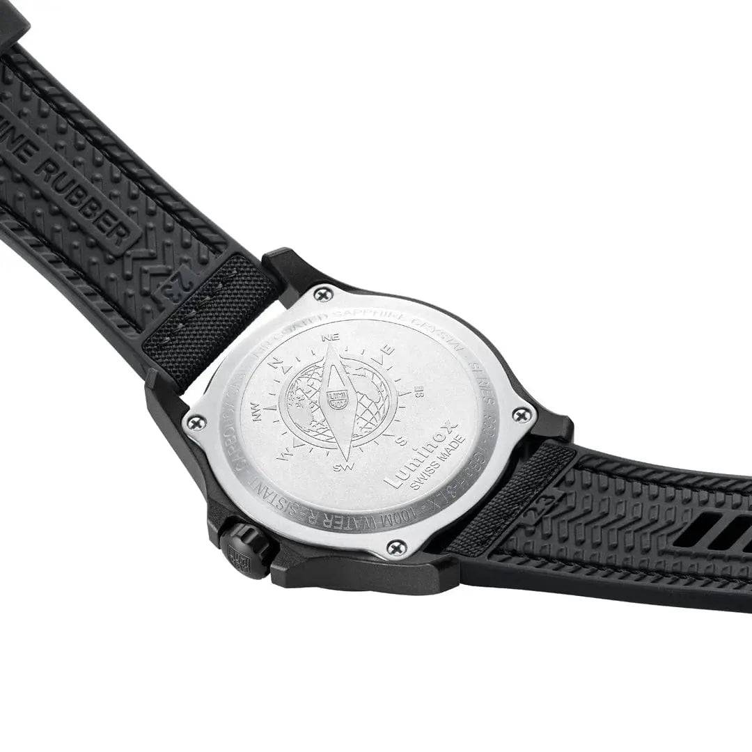 Back view of Luminox Atacama Field 1960 Series Watch Black 43mm XL.1961 displaying engraved stainless steel case back with compass design.
